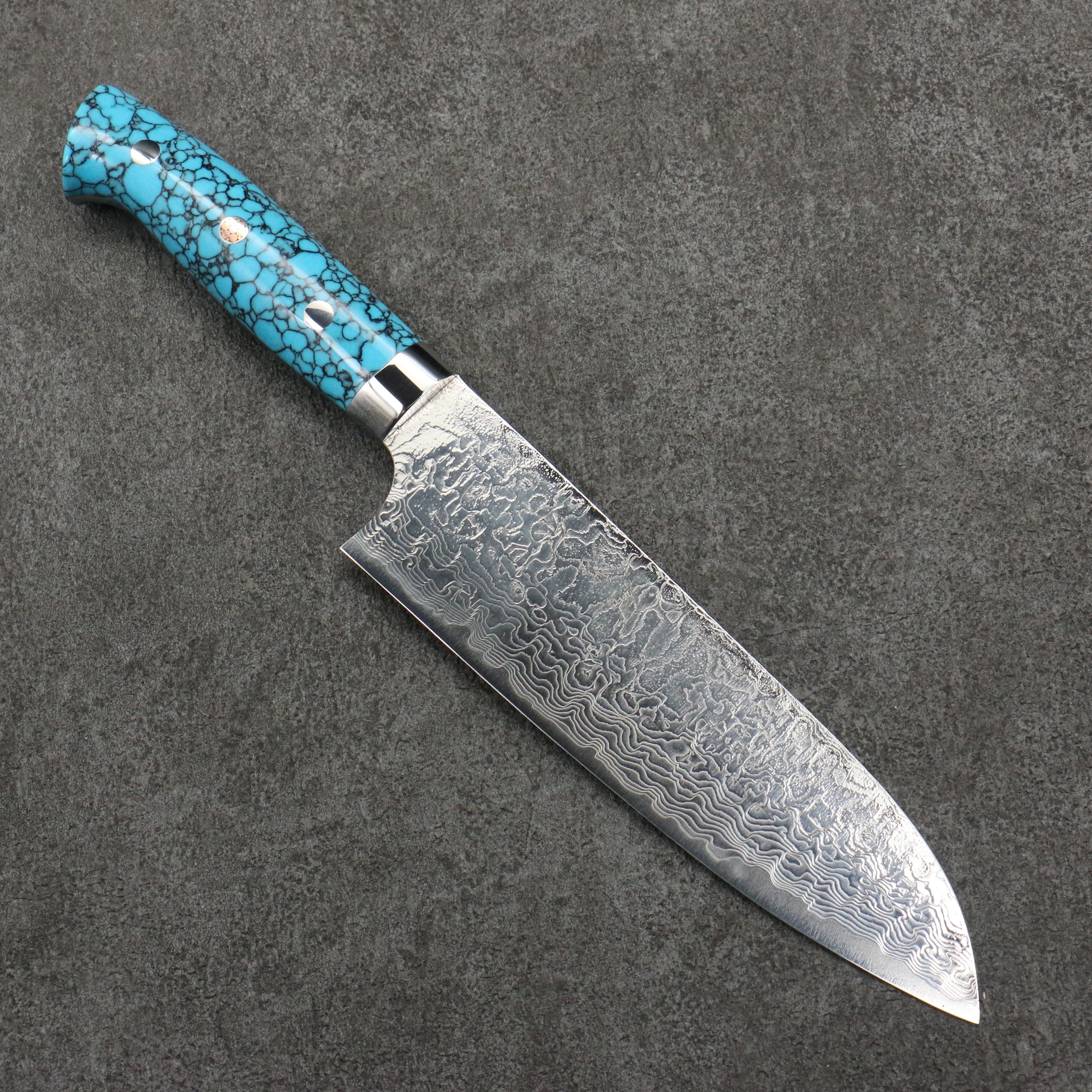 Takeshi Saji SG2 Diamond Finish Damascus Santoku  180mm Blue Turquoise Handle - Seisuke Knife
