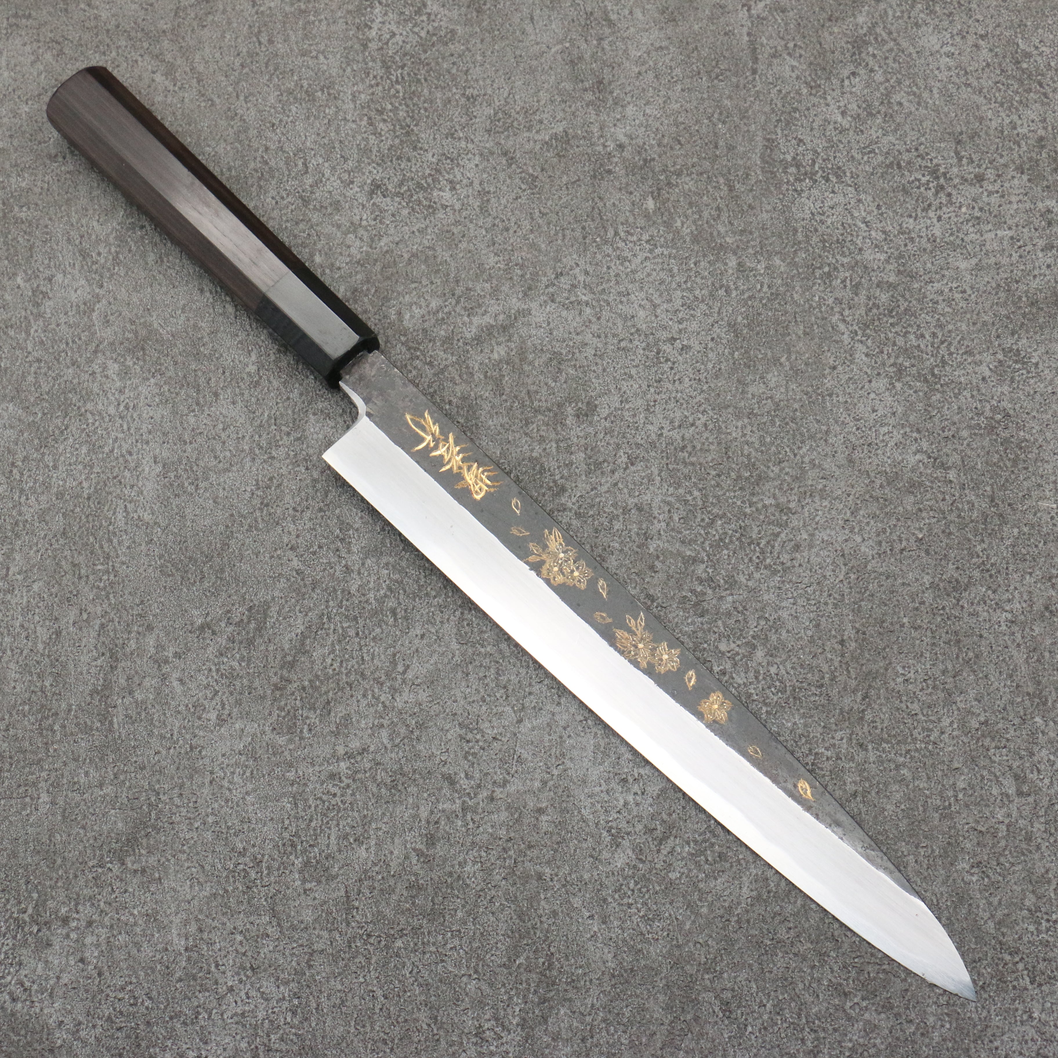 Sakai Takayuki Gold Filled Engraving by Kubota Sakura White Steel No.2 Black Finished Yanagiba  240mm Ebony Wood Handle - Seisuke Knife