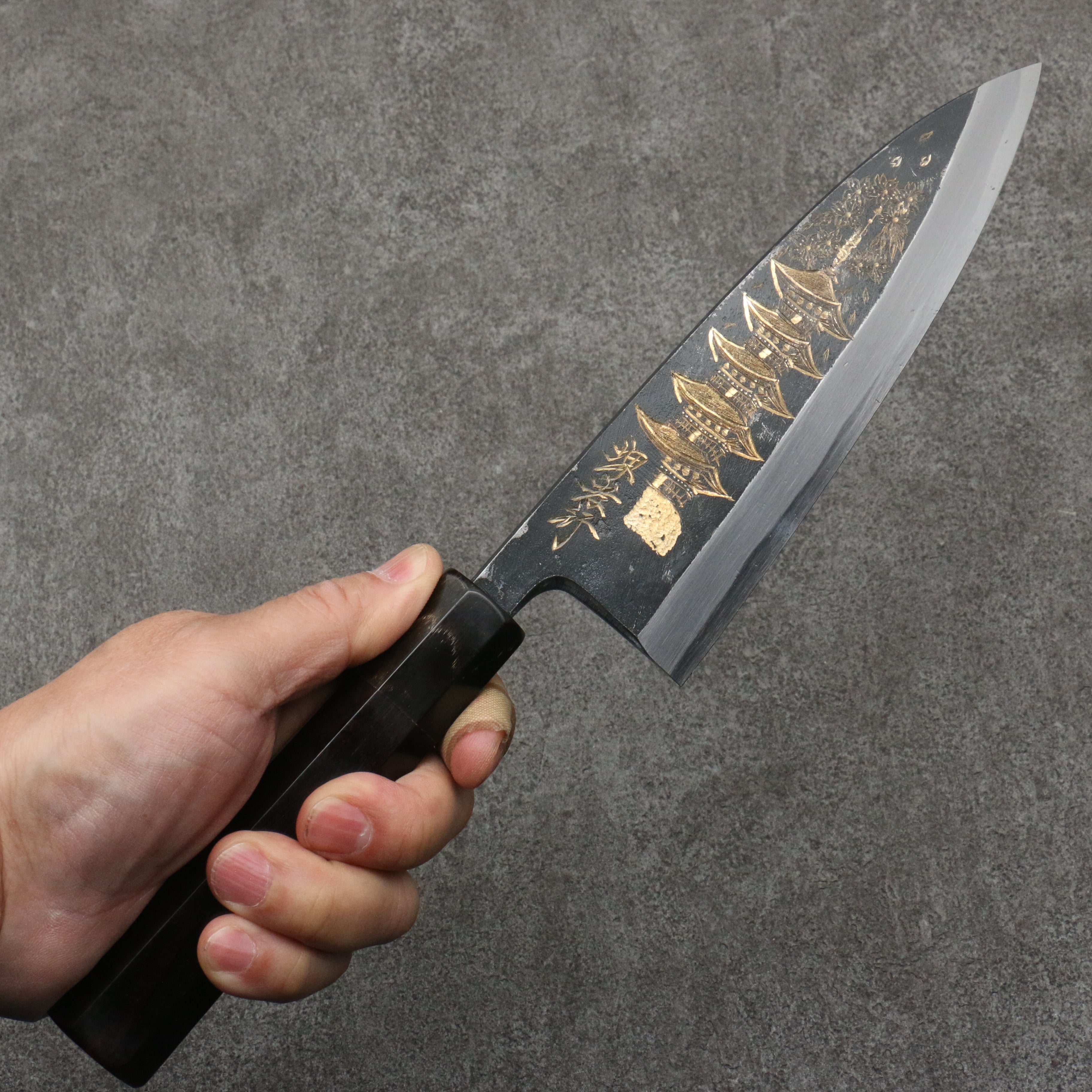Sakai Takayuki Gold Filled Engraving by Kubota Gojunotou White Steel No.2 Black Finished Deba  165mm Ebony Wood Handle - Seisuke Knife
