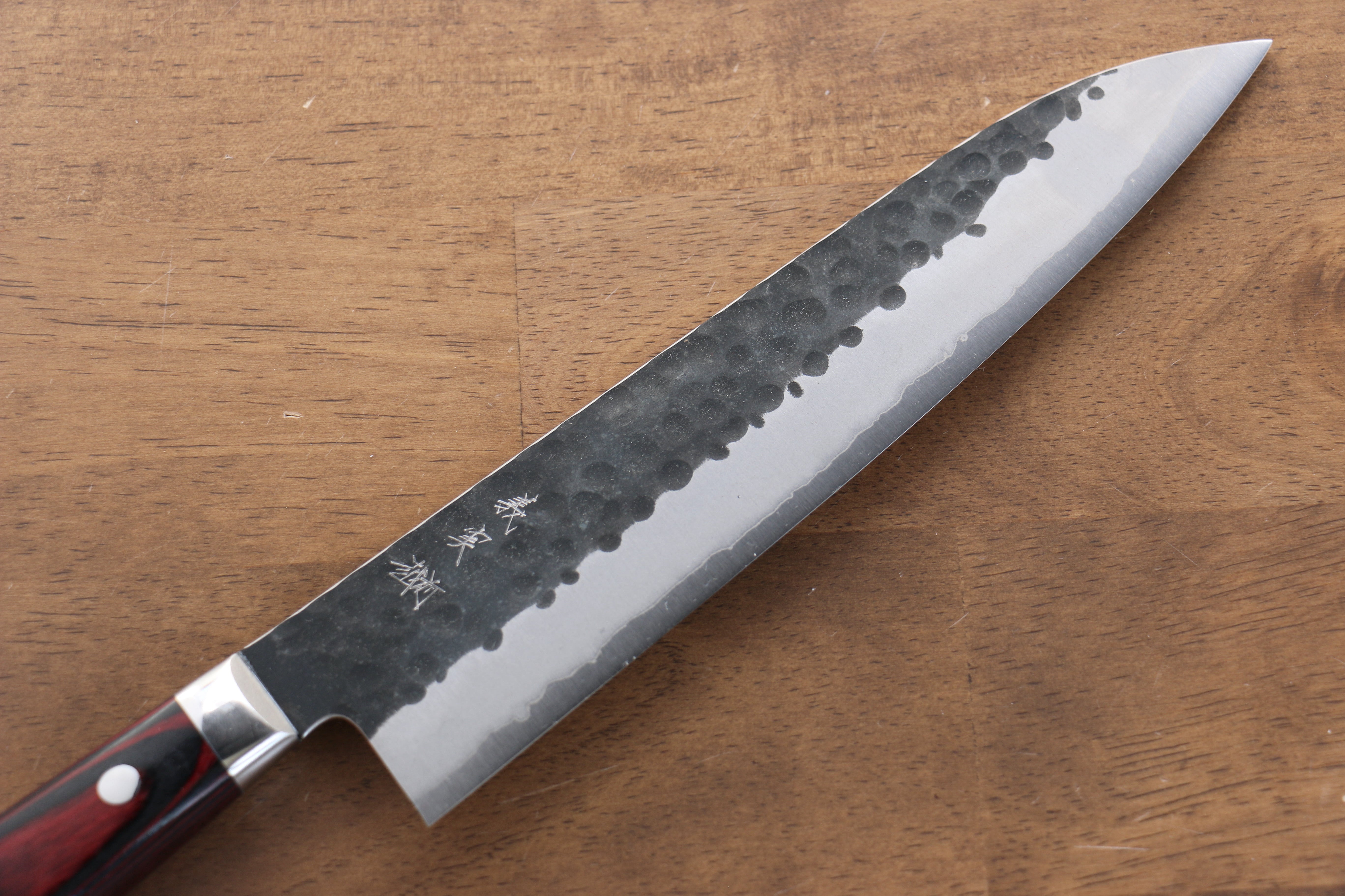 Yoshimi Kato Blue Super Kurouchi Hammered(Maru) Gyuto 210mm Red Pakka wood Handle - Seisuke Knife