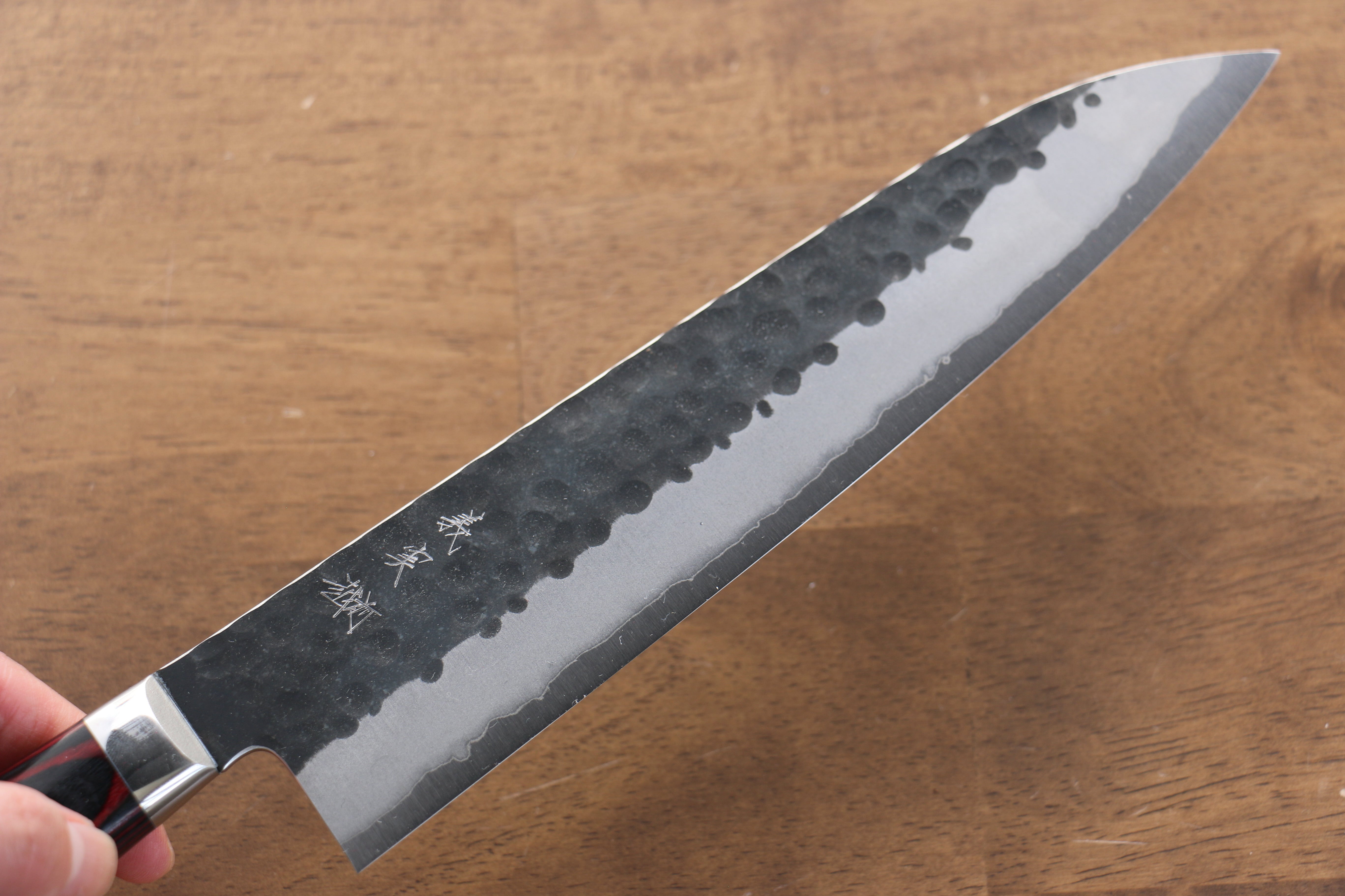 Yoshimi Kato Blue Super Kurouchi Hammered(Maru) Gyuto 210mm Red Pakka wood Handle - Seisuke Knife