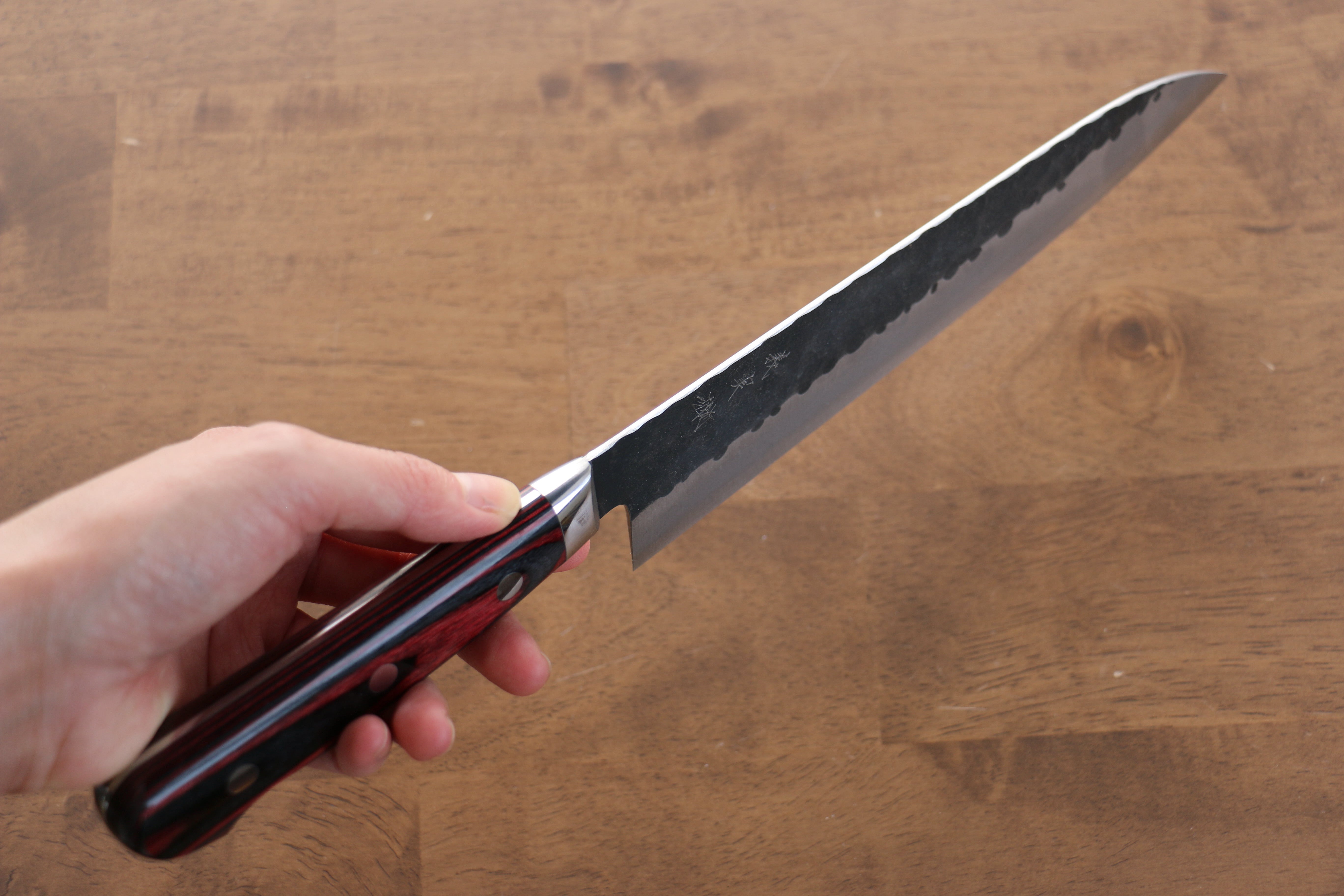 Yoshimi Kato Blue Super Kurouchi Hammered(Maru) Gyuto 210mm Red Pakka wood Handle - Seisuke Knife