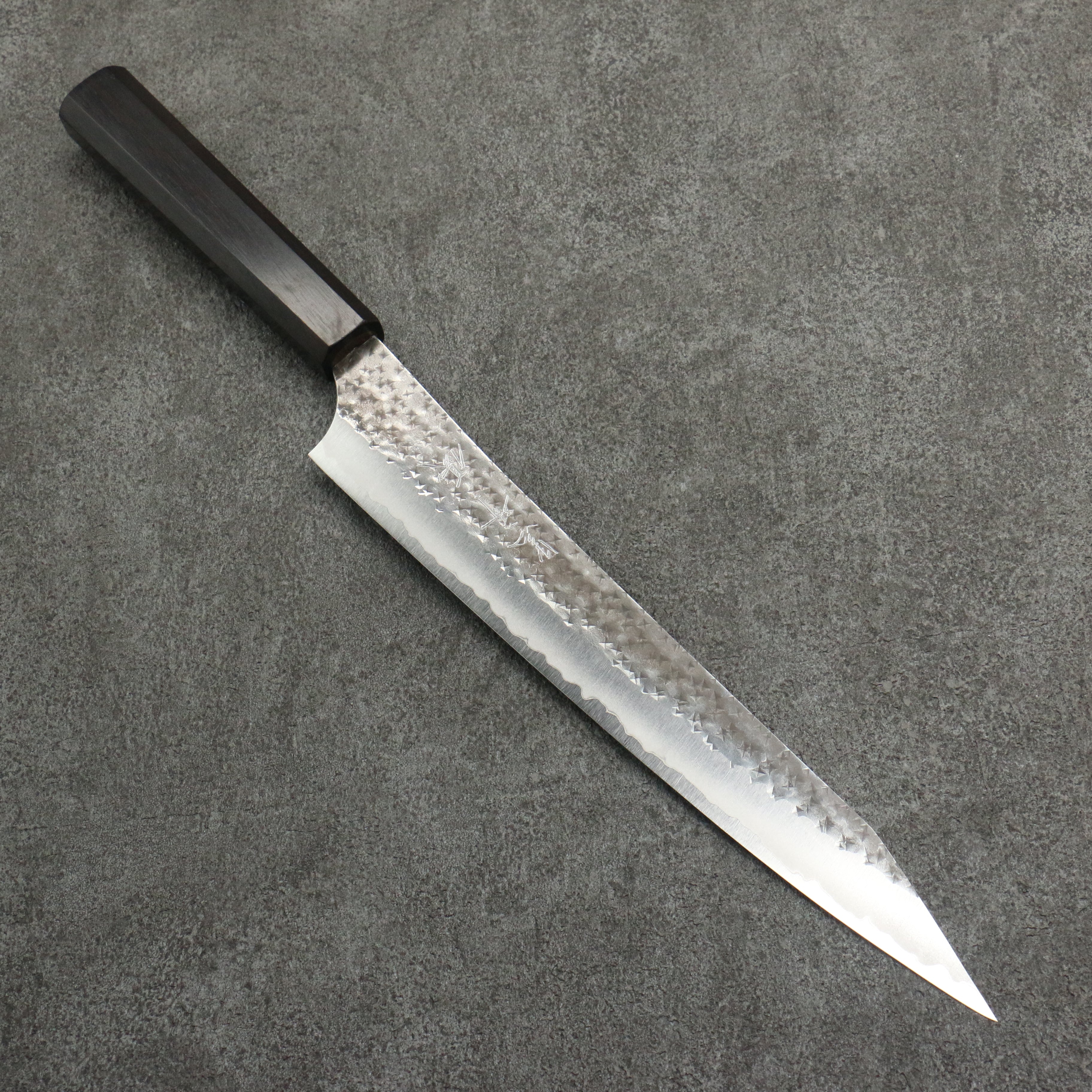 Yu Kurosaki Senko Ei Blue Super Hammered Black Finished Sujihiki  240mm Ebony Wood Handle - Seisuke Knife