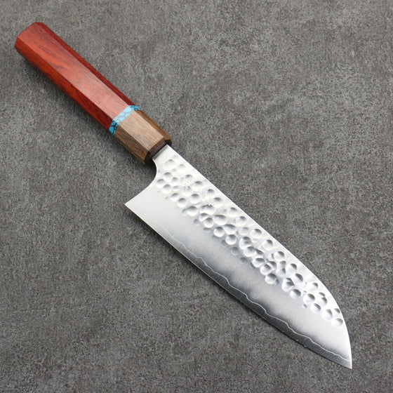 Yoshimi Kato Silver Steel No.3 Hammered(Maru) Migaki Finished Santoku  170mm Padoauk(Turquoise Ring) Handle - Seisuke Knife