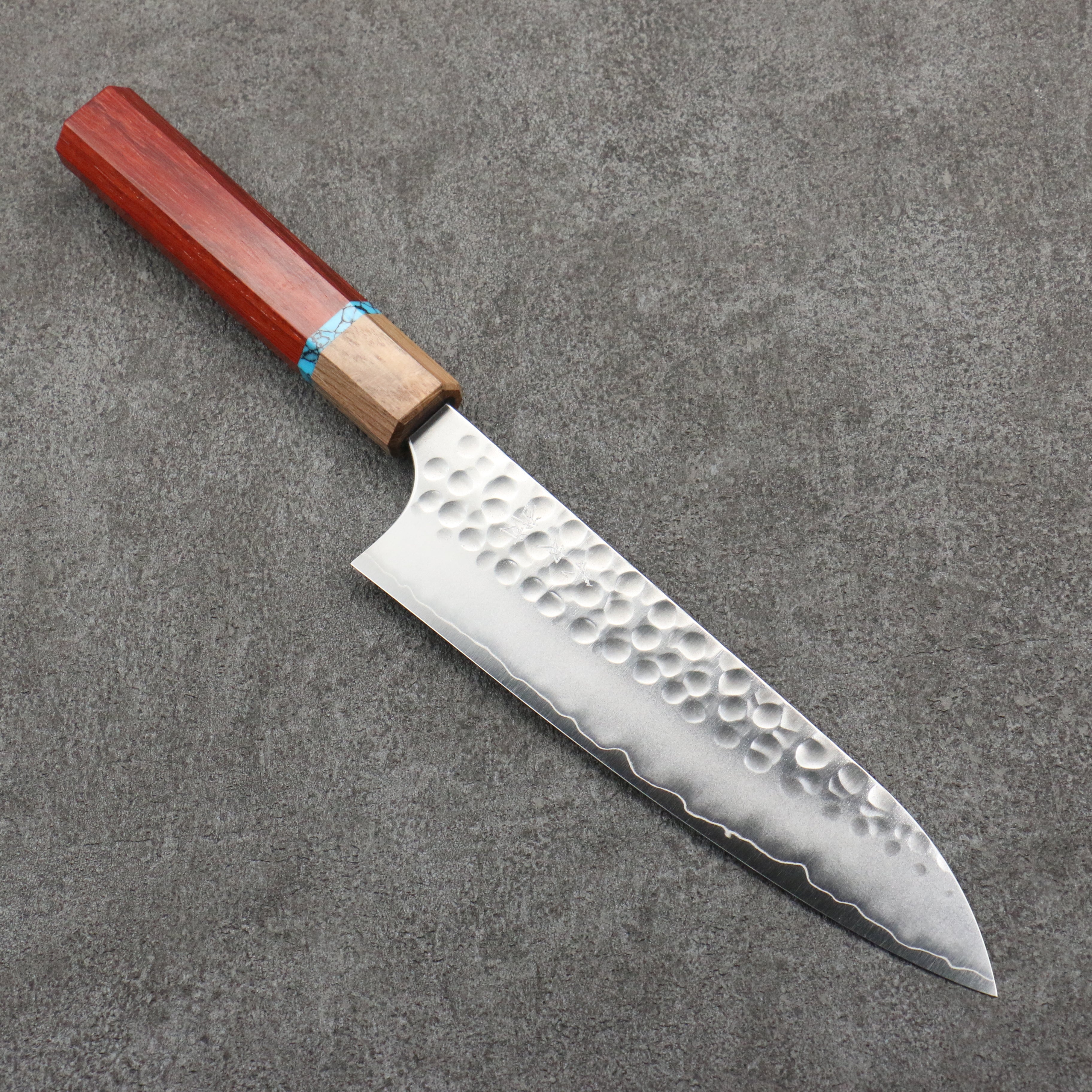 Yoshimi Kato Silver Steel No.3 Hammered(Maru) Migaki Finished Gyuto  180mm Padoauk(Turquoise Ring) Handle - Seisuke Knife