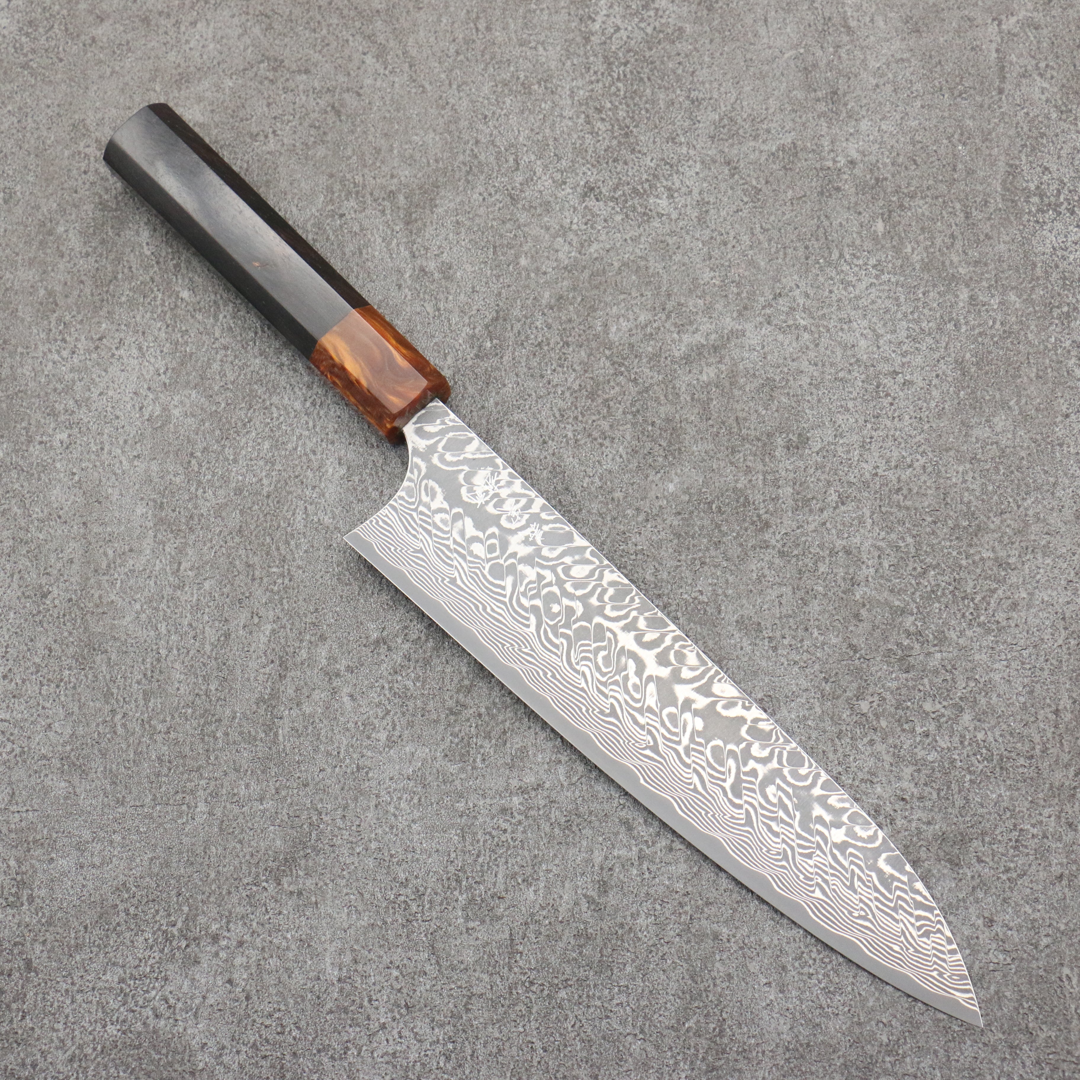 Yoshimi Kato SG2 Black Damascus Gyuto  210mm Ebony (ferrule: Orange Resin) Handle - Seisuke Knife