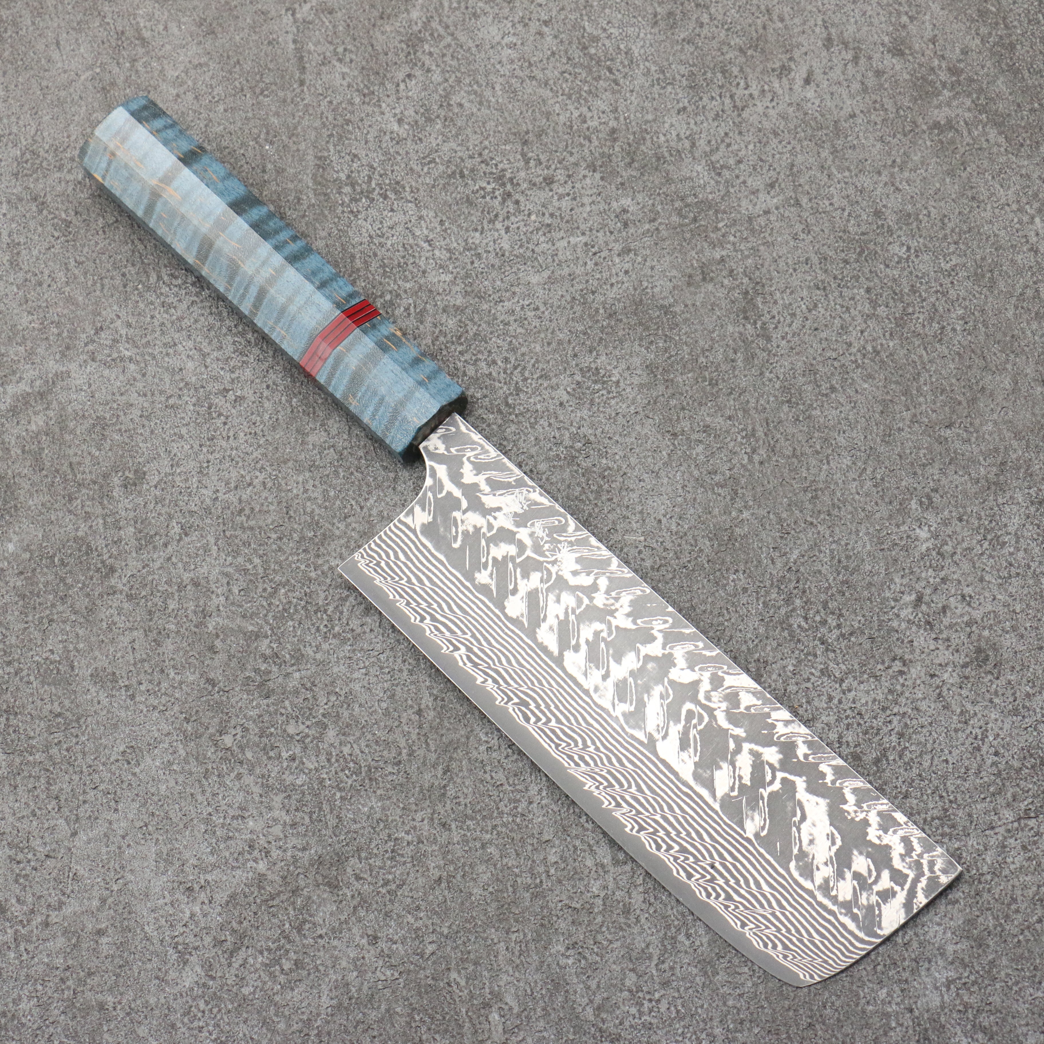 Yoshimi Kato SG2 Black Damascus Nakiri  165mm Blue Stabilized Wood (With Red Ring) Handle - Seisuke Knife