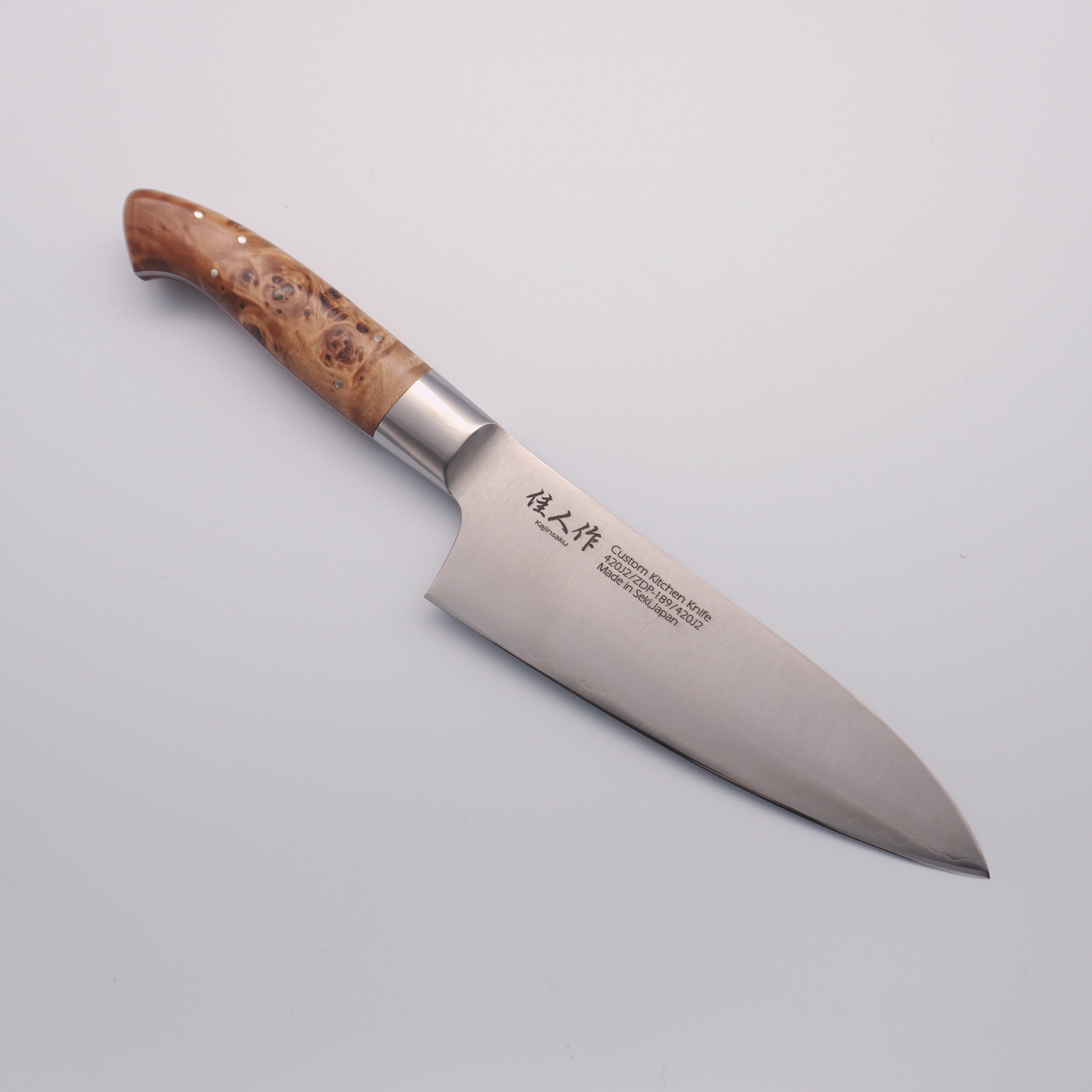 Kajin ZDP189 Custom Santoku 180mm with Birds Eye Maple Burl Handle - Seisuke Knife
