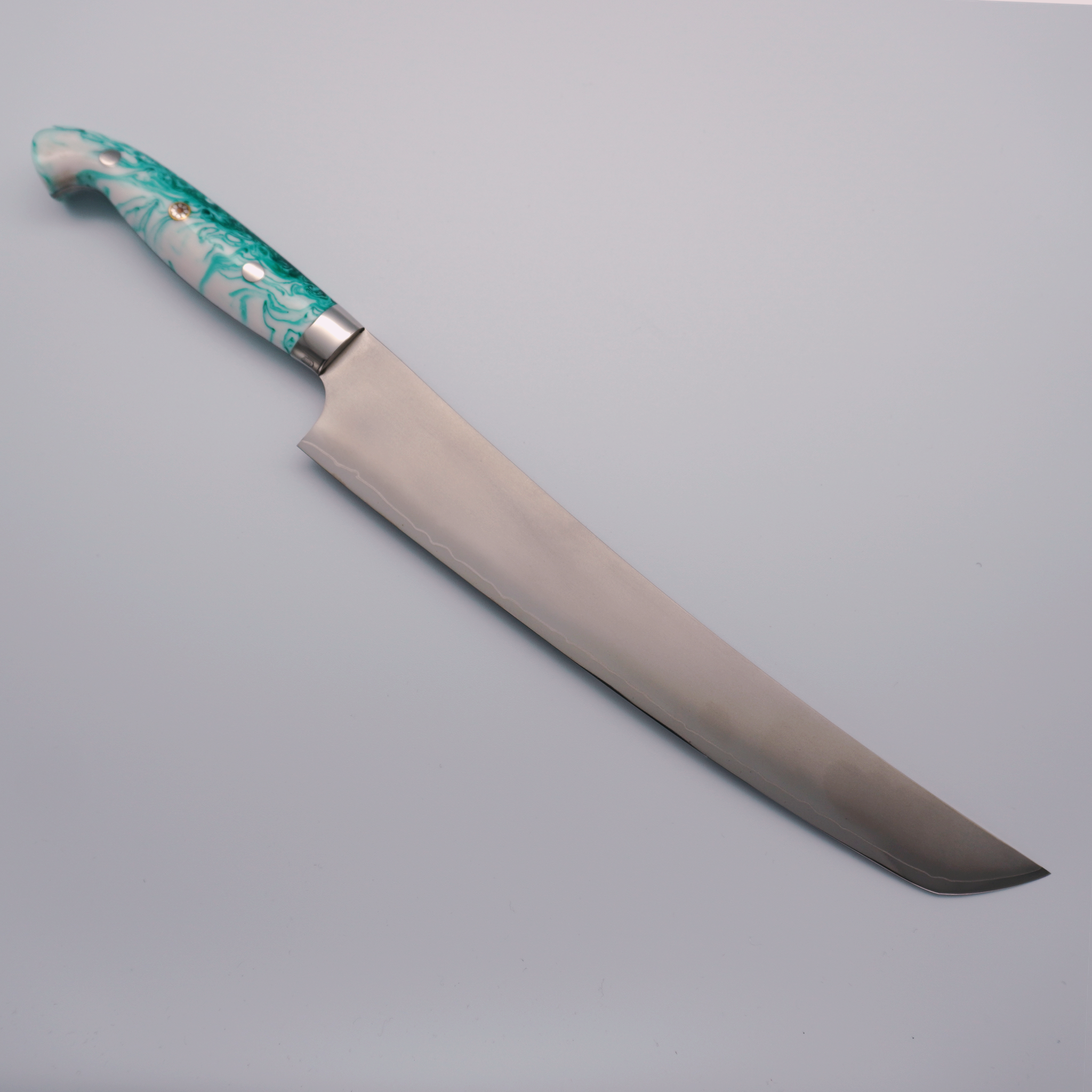 Dashi Mukamura HAP40 Blurry Finish Sujihiki 240mm with Blue and White Swirl Acrylic Handle - Seisuke Knife