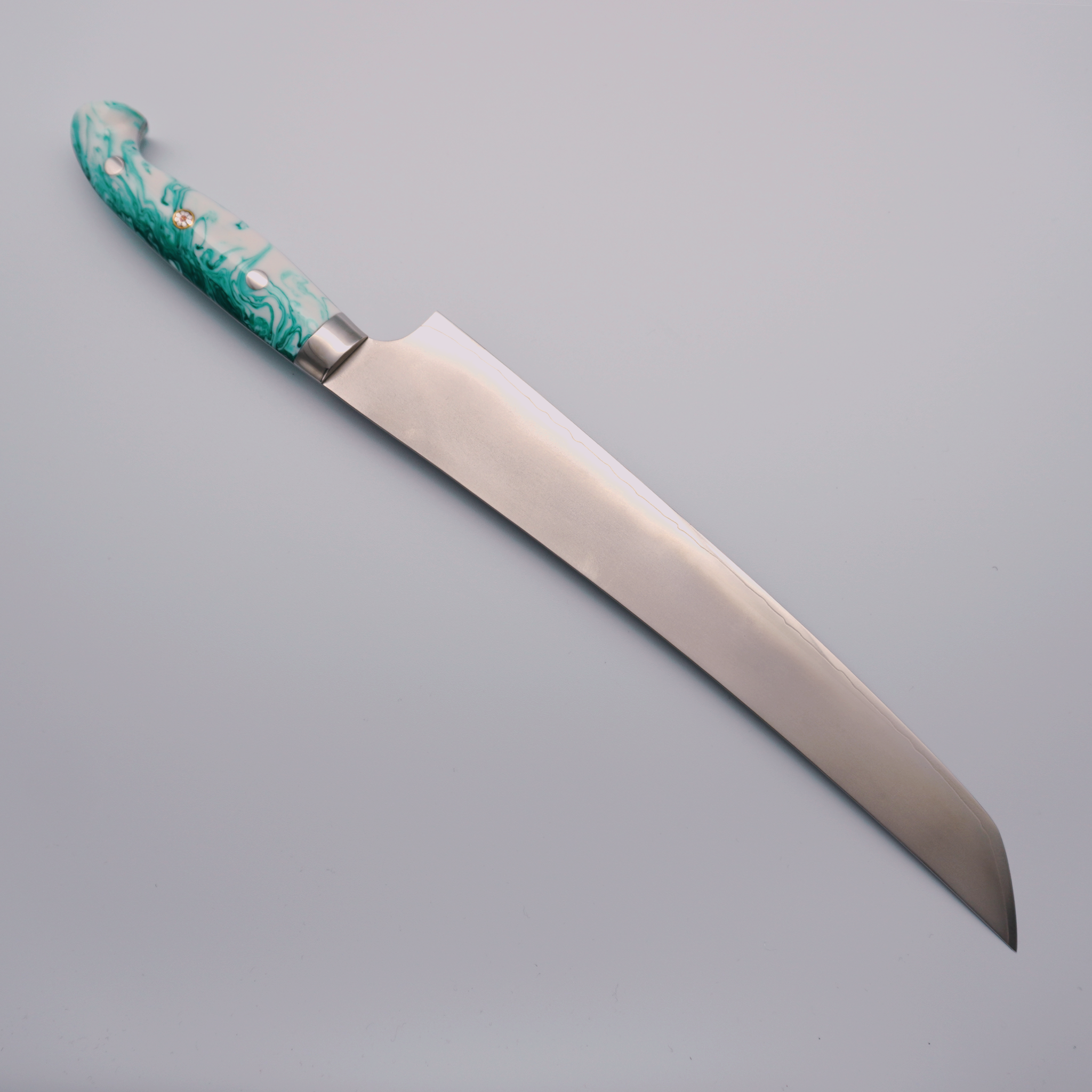 Dashi Mukamura HAP40 Blurry Finish Sujihiki 240mm with Blue and White Swirl Acrylic Handle - Seisuke Knife