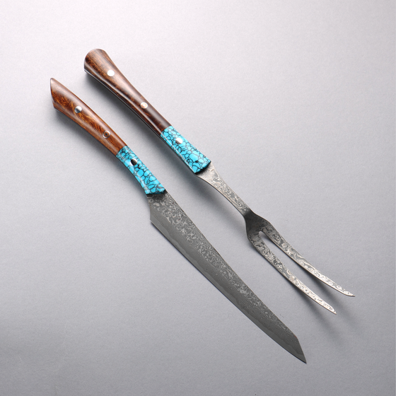 Yuma Oba VG10 Damascus Carving Knife & Fork Set 200mm Ironwood & Turquoise Handle - Seisuke Knife