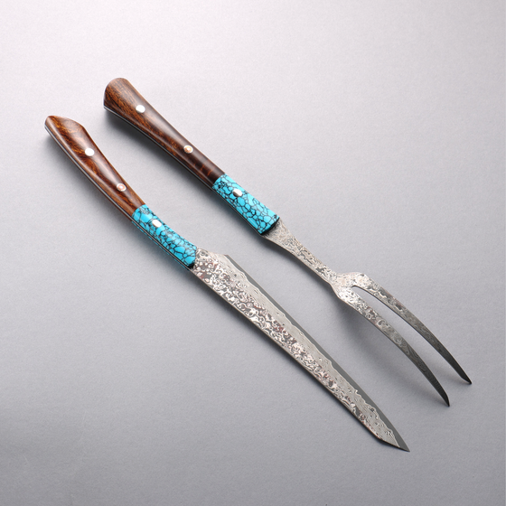 Yuma Oba VG10 Damascus Carving Knife & Fork Set 200mm Ironwood & Turquoise Handle - Seisuke Knife