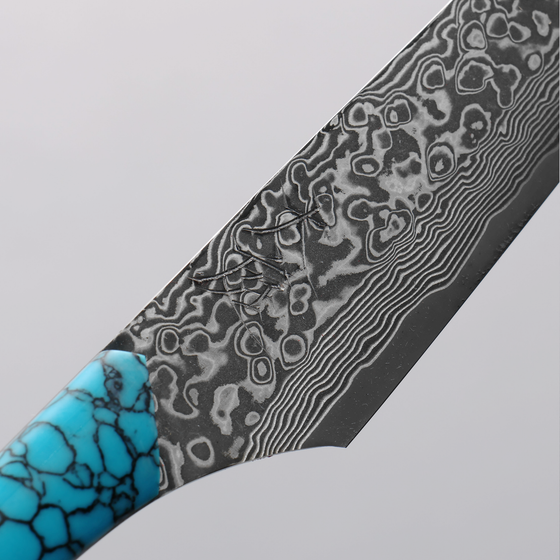 Yuma Oba VG10 Damascus Carving Knife & Fork Set 200mm Ironwood & Turquoise Handle - Seisuke Knife