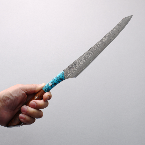 Yuma Oba VG10 Damascus Carving Knife & Fork Set 200mm Ironwood & Turquoise Handle - Seisuke Knife