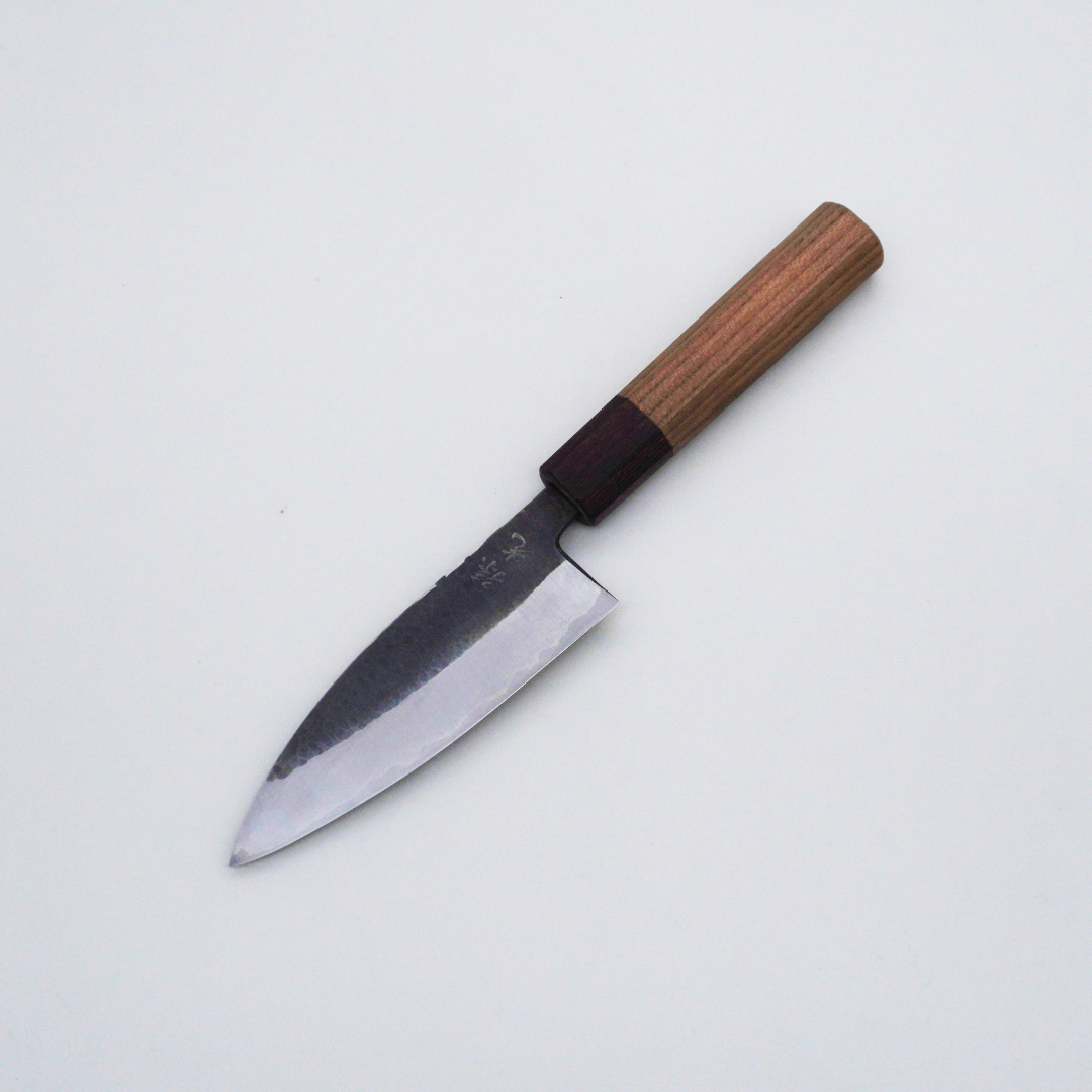 Seisuke TAKUMI Fukube Shinbu Magomitsu Blue Steel No.2 Hammered Kurouchi Deba 120mm Keyaki Elm Handle