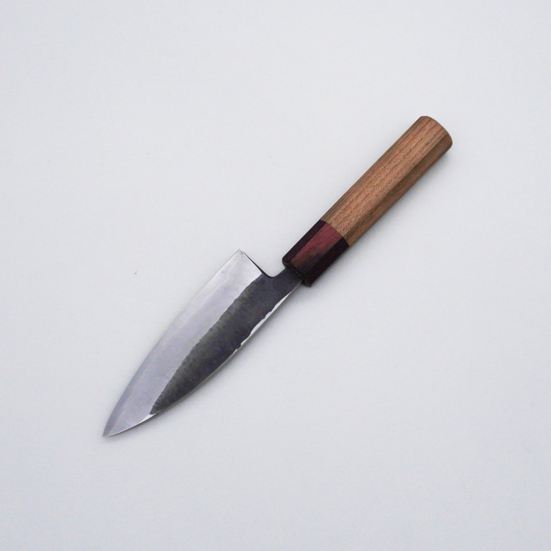 Seisuke TAKUMI Fukube Shinbu Magomitsu Blue Steel No.2 Hammered Kurouchi Deba 120mm Keyaki Elm Handle