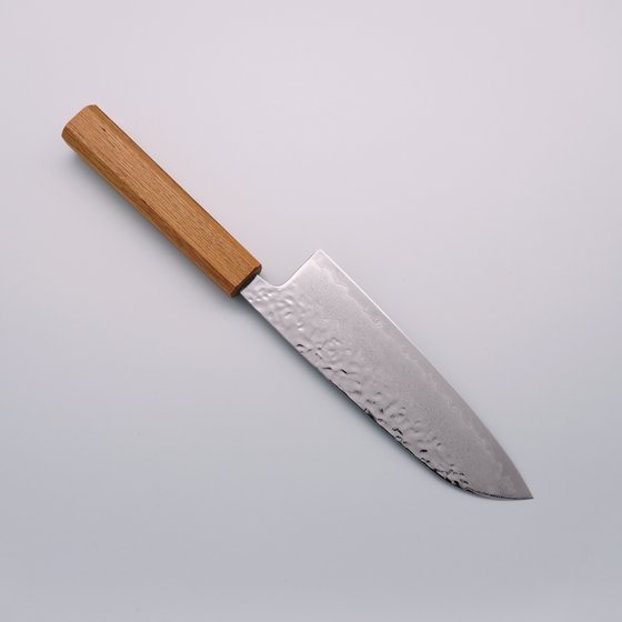 Seisuke Tsukikage AUS10 Migaki Finished Hammered Damascus Santoku 170mm Oak Handle - Seisuke Knife
