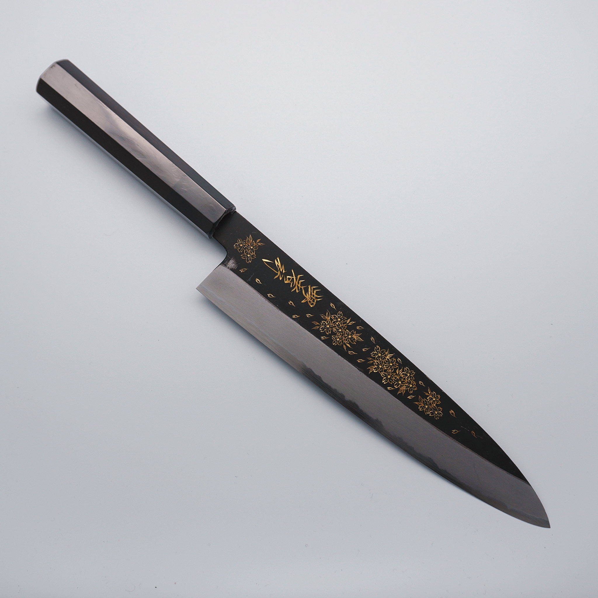 Sakai Takayuki Gold Filled Sakura Engraving by Kubota White Steel No.2 Kurouchi Gyuto 210mm Ebony Wood Handle - Seisuke Knife