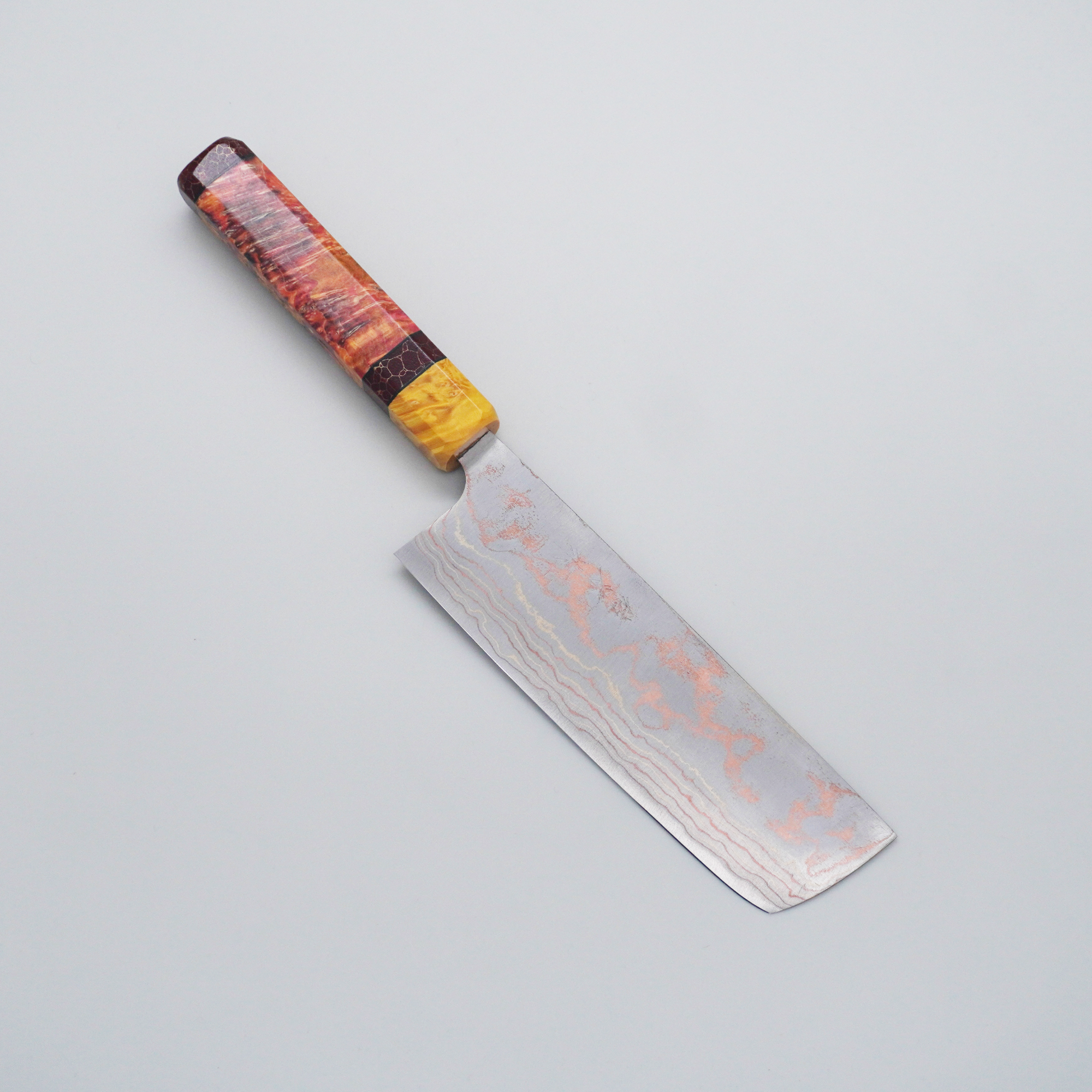 Seisuke TAKUMI Trade-In Takeshi Saji Blue Steel No.2 Colored Damascus Nakiri 165mm Custom Wood & Resin Handle - Seisuke Knife