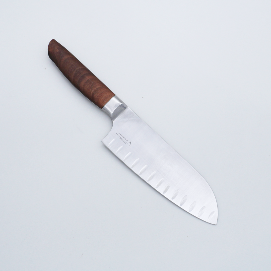 Seisuke TAKUMI Trade-In Ferrum Reserve Semi-Stainless Steel Satin Santoku 170mm Oregon Black Walnut Handle