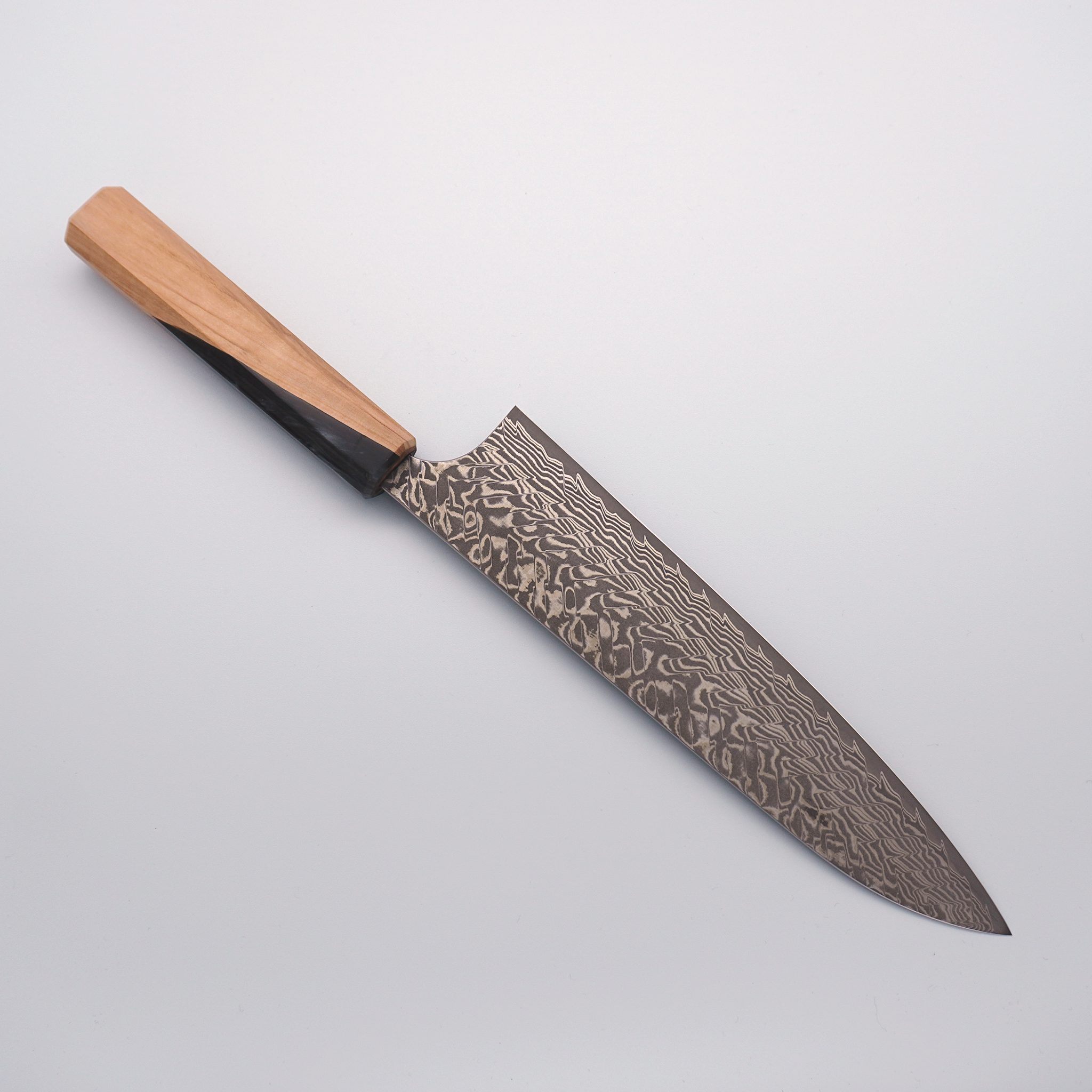 Yoshimi Kato SG2 Black Damascus Gyuto 210mm Olive Tree and Black Resin Handle - Seisuke Knife