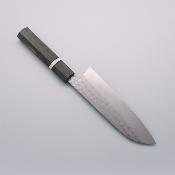 Yoshimi Kato Minamo SG2 Hammered Santoku 170mm Gray Stabilized Wood & Ring Handle - Seisuke Knife