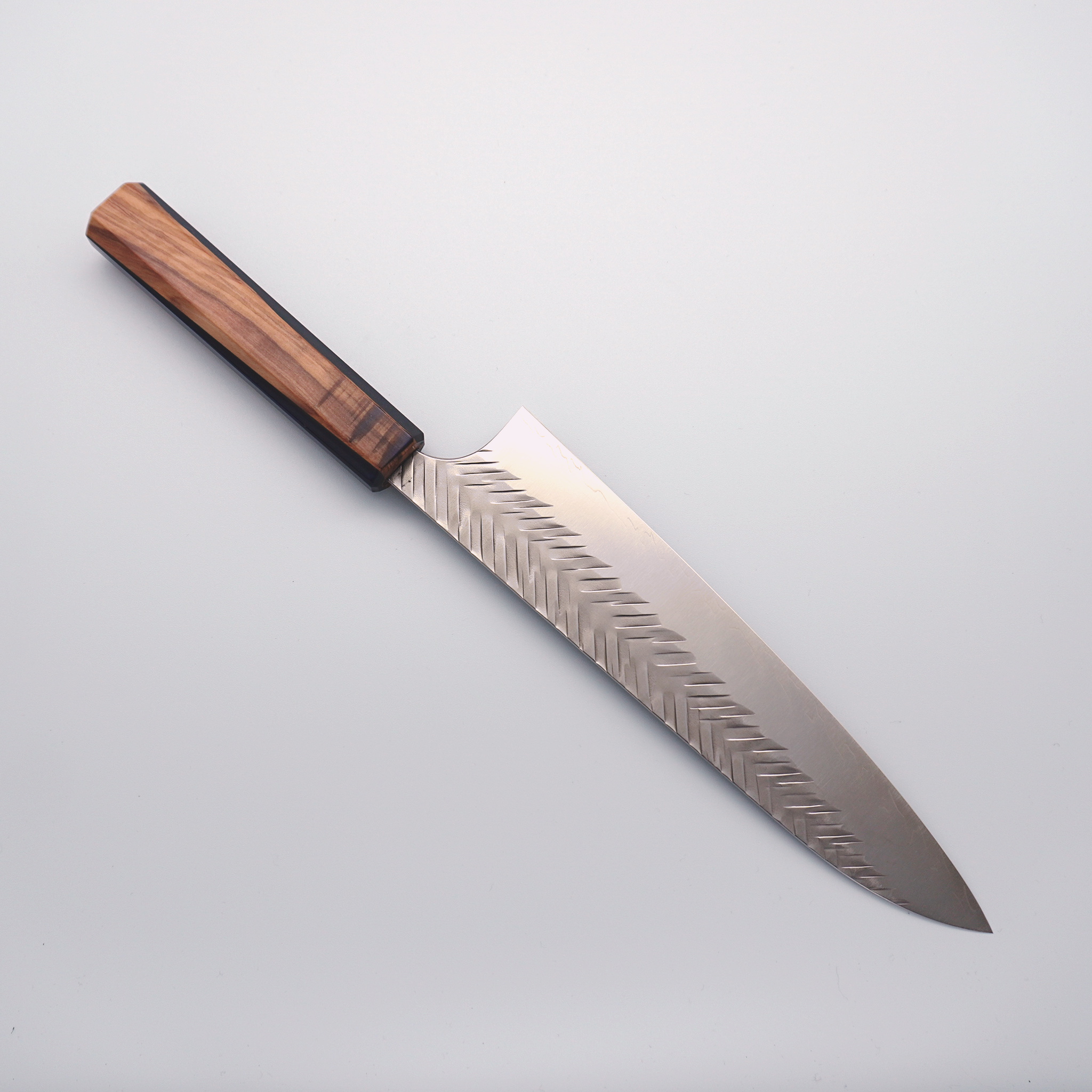 Yoshimi Kato SG2 V-Hammered Gyuto 210mm Olive Wood & Blue Resin Handle - Seisuke Knife