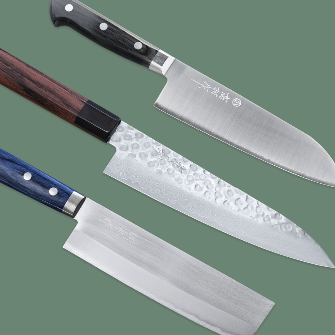  Three knives on a green background. View knife style guide