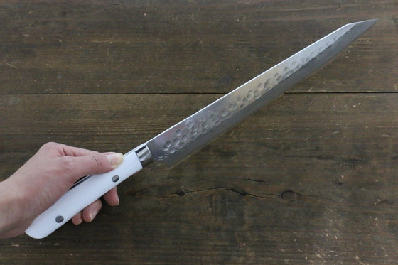 Takeshi Saji SRS13 Hammered Damascus Sujihiki 270mm White Stone Handle - Seisuke Knife