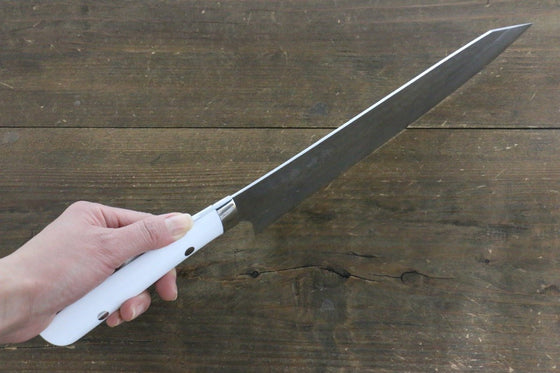 Takeshi Saji SRS13 Hammered Damascus Kengata Gyuto 240mm White Stone Handle - Seisuke Knife