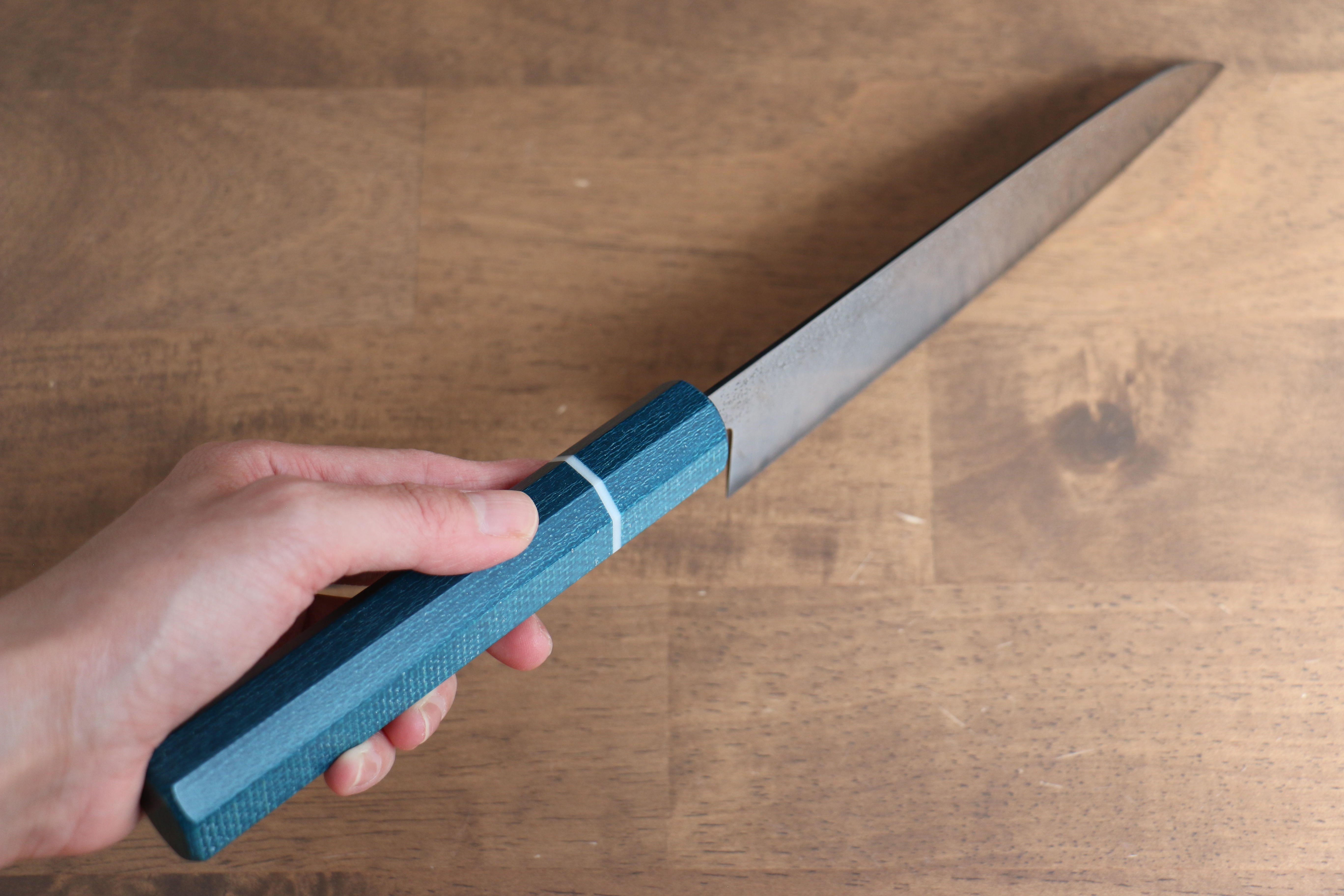 Seisuke VG5 Nashiji black dye Santoku 165mm Blue Canvas Micarta Handle - Seisuke Knife