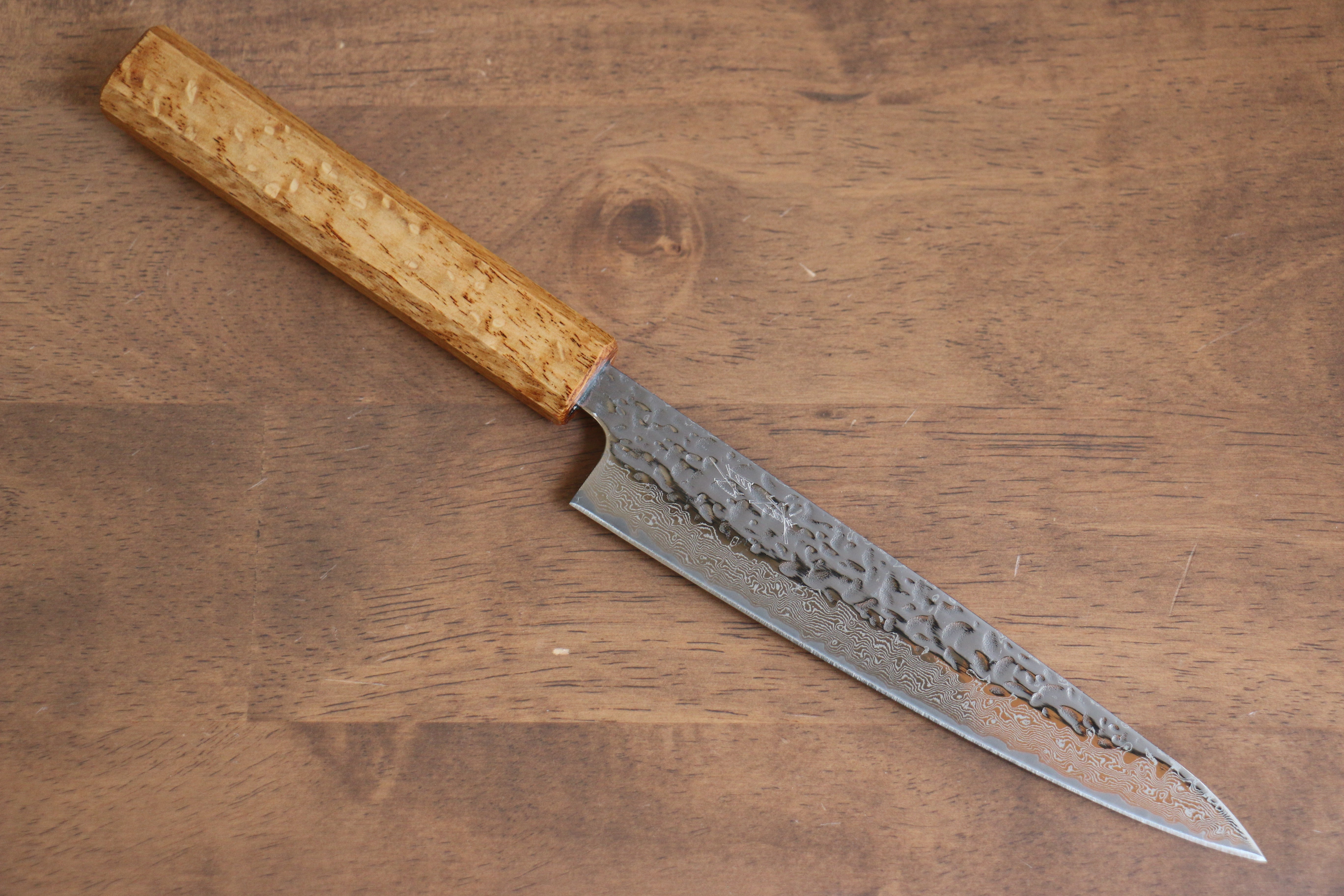 Seisuke Tsukikage AUS10 Migaki Hammered Damascus Petty-Utility 150mm Oak Handle - Seisuke Knife
