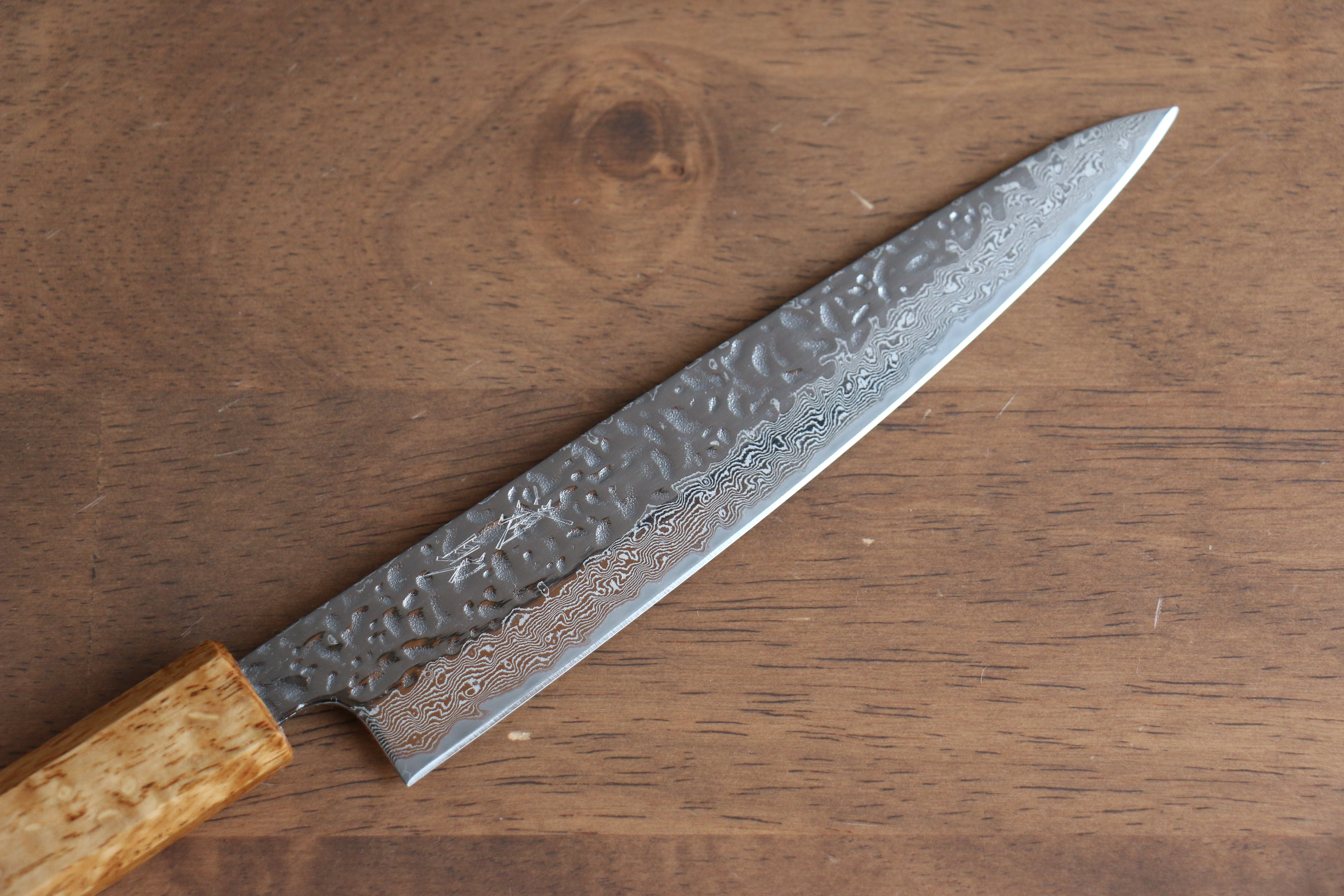 Seisuke Tsukikage AUS10 Migaki Hammered Damascus Petty-Utility 150mm Oak Handle - Seisuke Knife