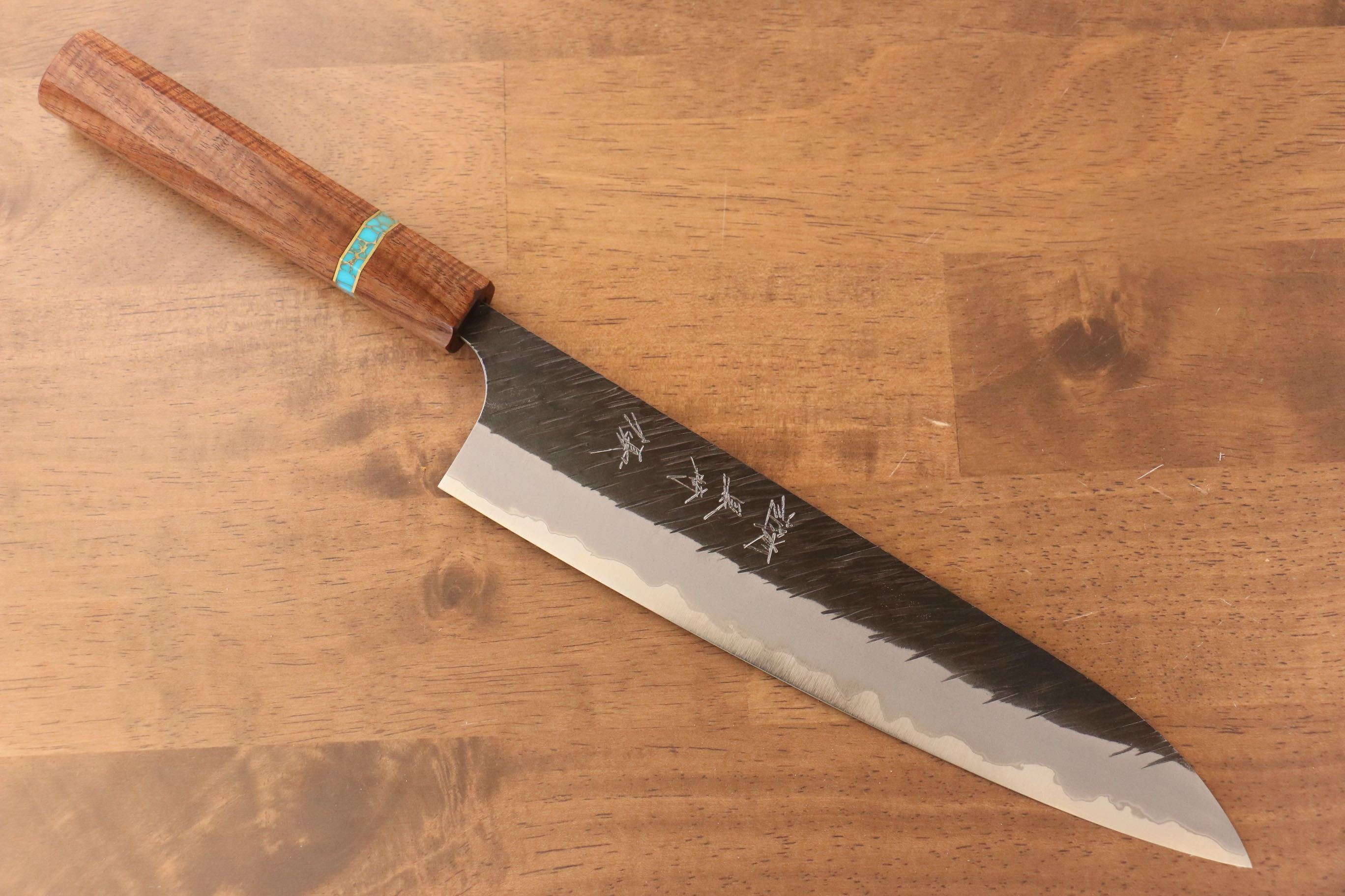 Yu Kurosaki Fujin Blue Super Hammered Gyuto 240mm Maple(With turquoise ring Brown) Handle - Seisuke Knife