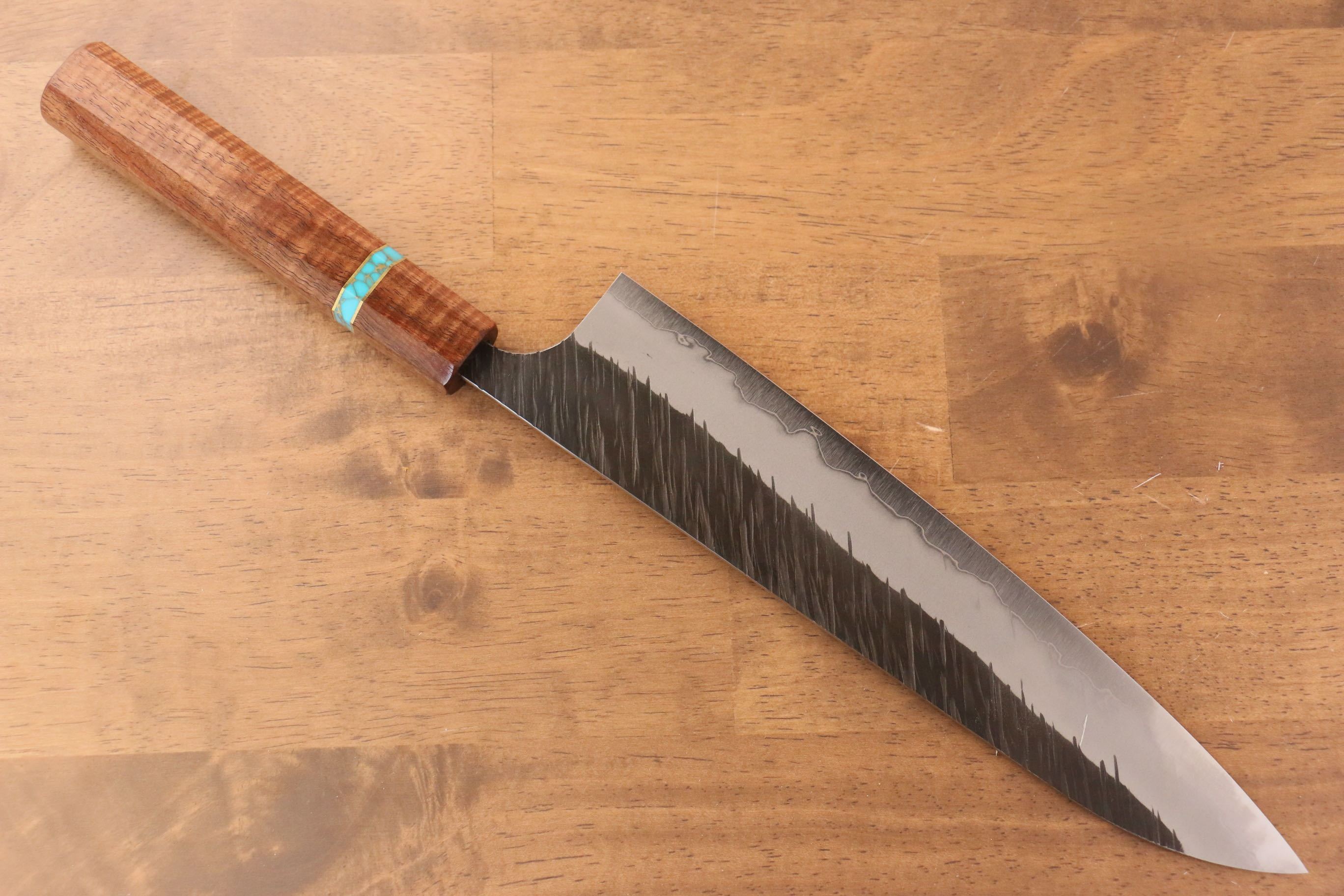 Yu Kurosaki Fujin Blue Super Hammered Gyuto 240mm Maple(With turquoise ring Brown) Handle - Seisuke Knife