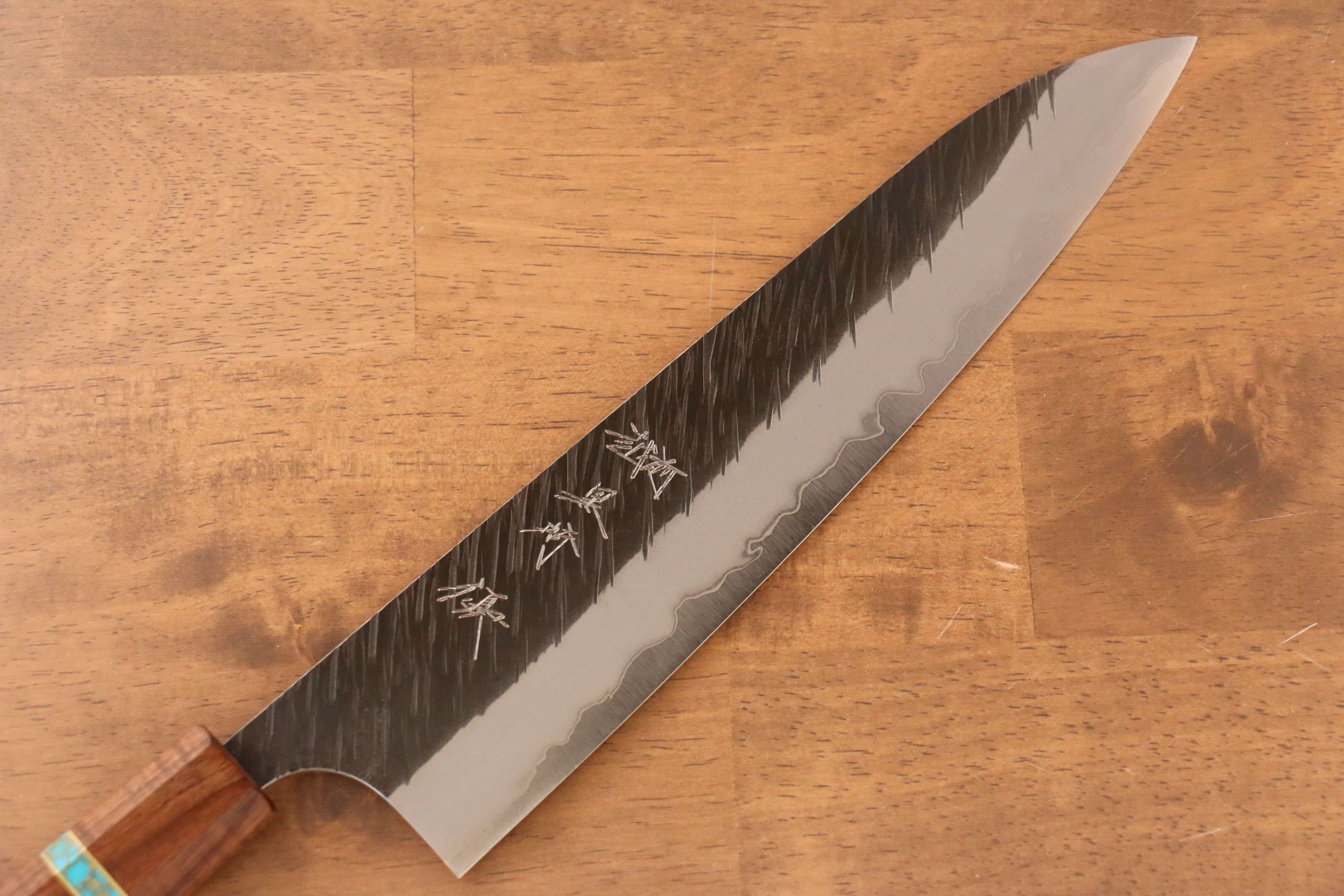 Yu Kurosaki Fujin Blue Super Hammered Gyuto 240mm Maple(With turquoise ring Brown) Handle - Seisuke Knife