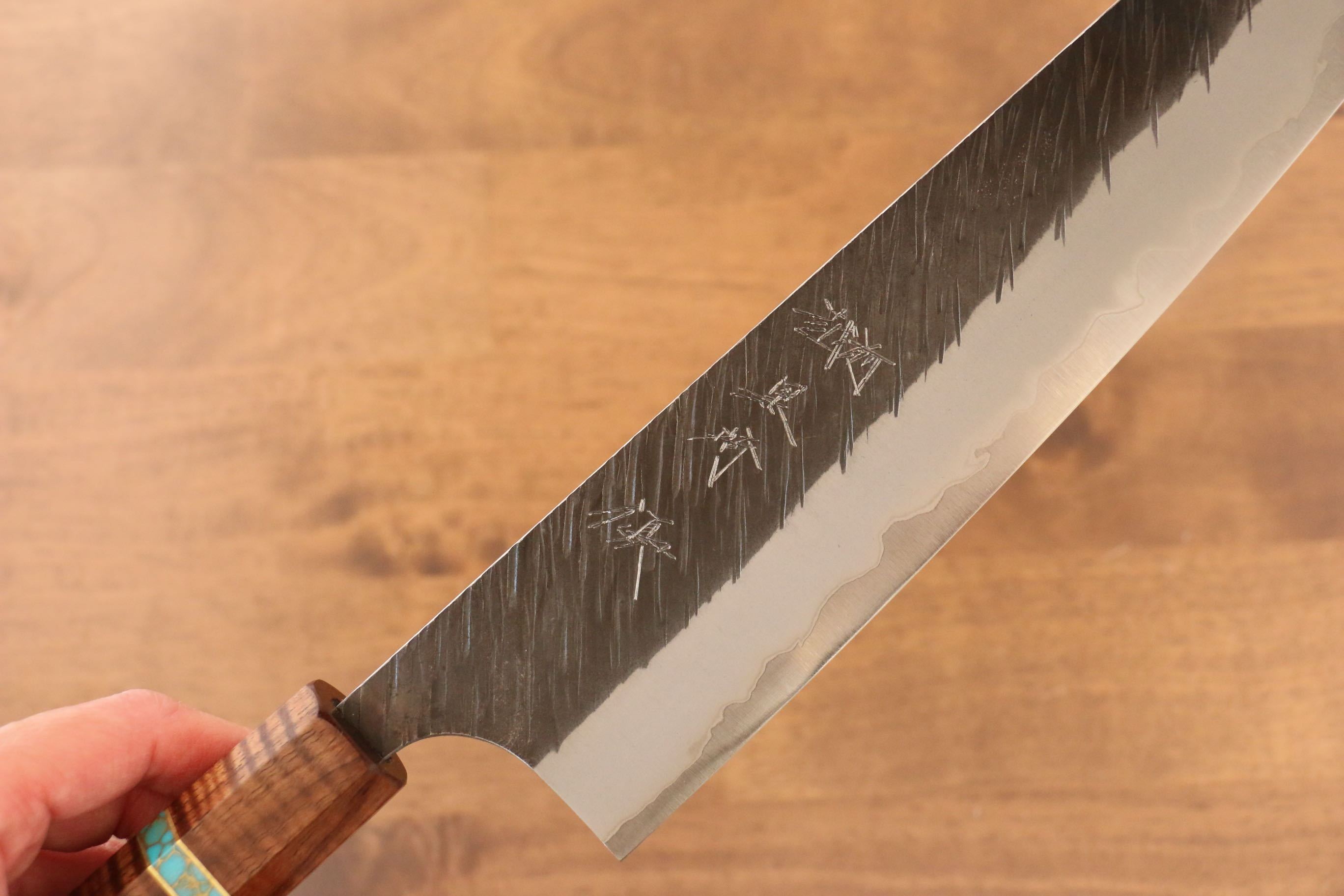 Yu Kurosaki Fujin Blue Super Hammered Gyuto 240mm Maple(With turquoise ring Brown) Handle - Seisuke Knife