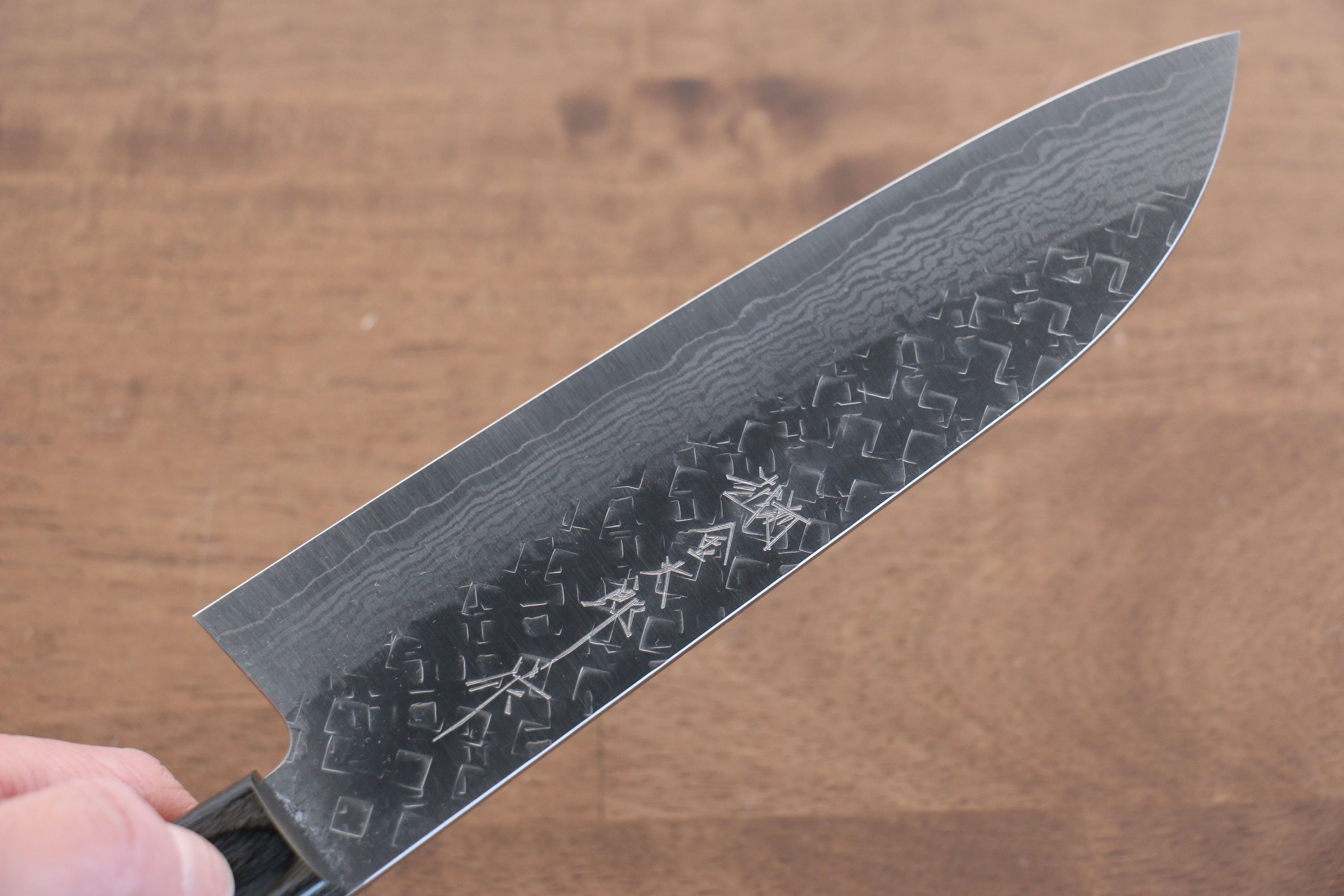 Yoshimi Kato VG10 Hammered Damascus Santoku 170mm with Black Pakkawood Handle - Seisuke Knife