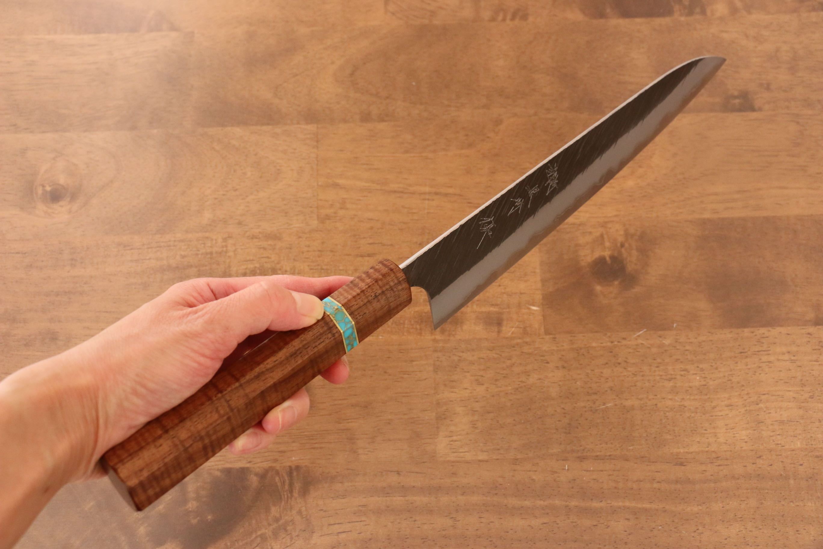 Yu Kurosaki Fujin Blue Super Hammered Gyuto 240mm Maple(With turquoise ring Brown) Handle - Seisuke Knife