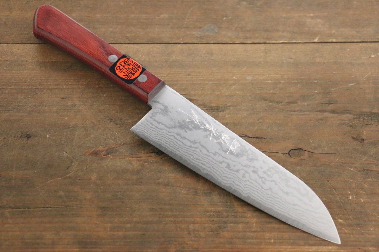 Shigeki Tanaka VG10 17 Layer Damascus Santoku 165mm Red Pakka wood Handle - Seisuke Knife