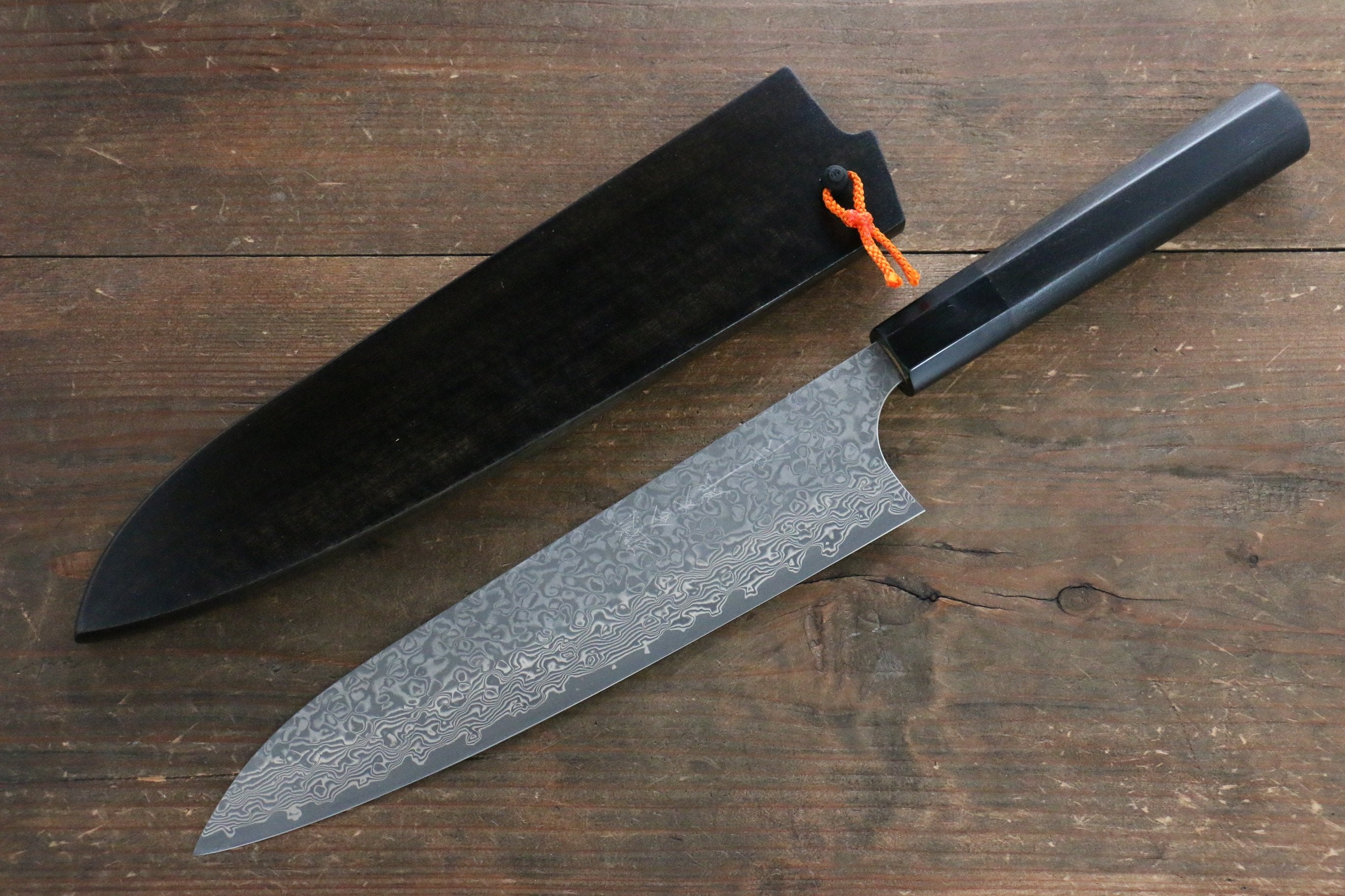 Yoshimi Kato VG10 Damascus Gyuto 210mm with Black Lacquered Handle with Saya - Seisuke Knife