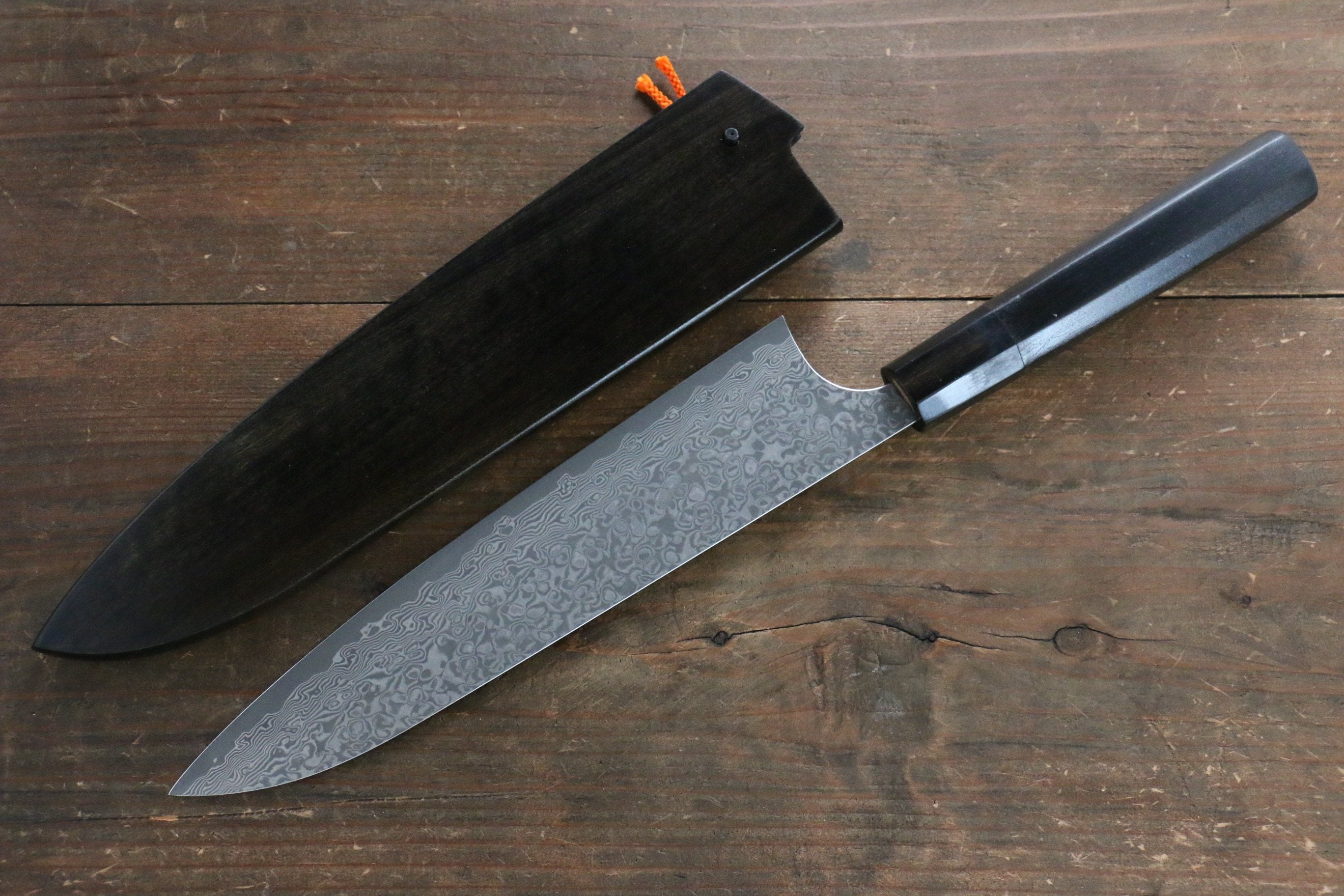 Yoshimi Kato VG10 Damascus Gyuto 210mm with Black Lacquered Handle with Saya - Seisuke Knife