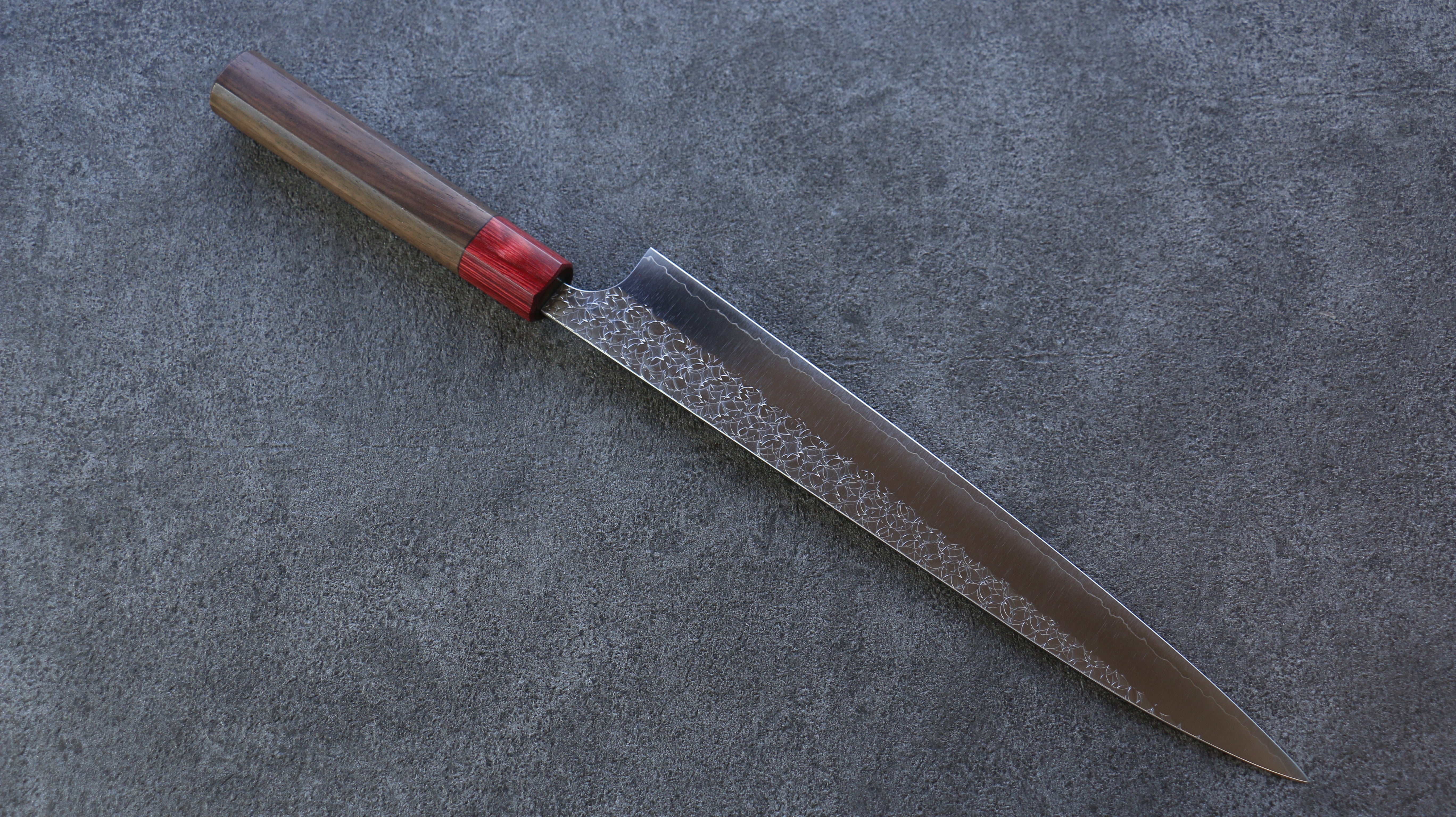 Yoshimi Kato Minamo SG2 Hammered Sujihiki 270mm with Shitan & Red Pakka wood Handle - Seisuke Knife