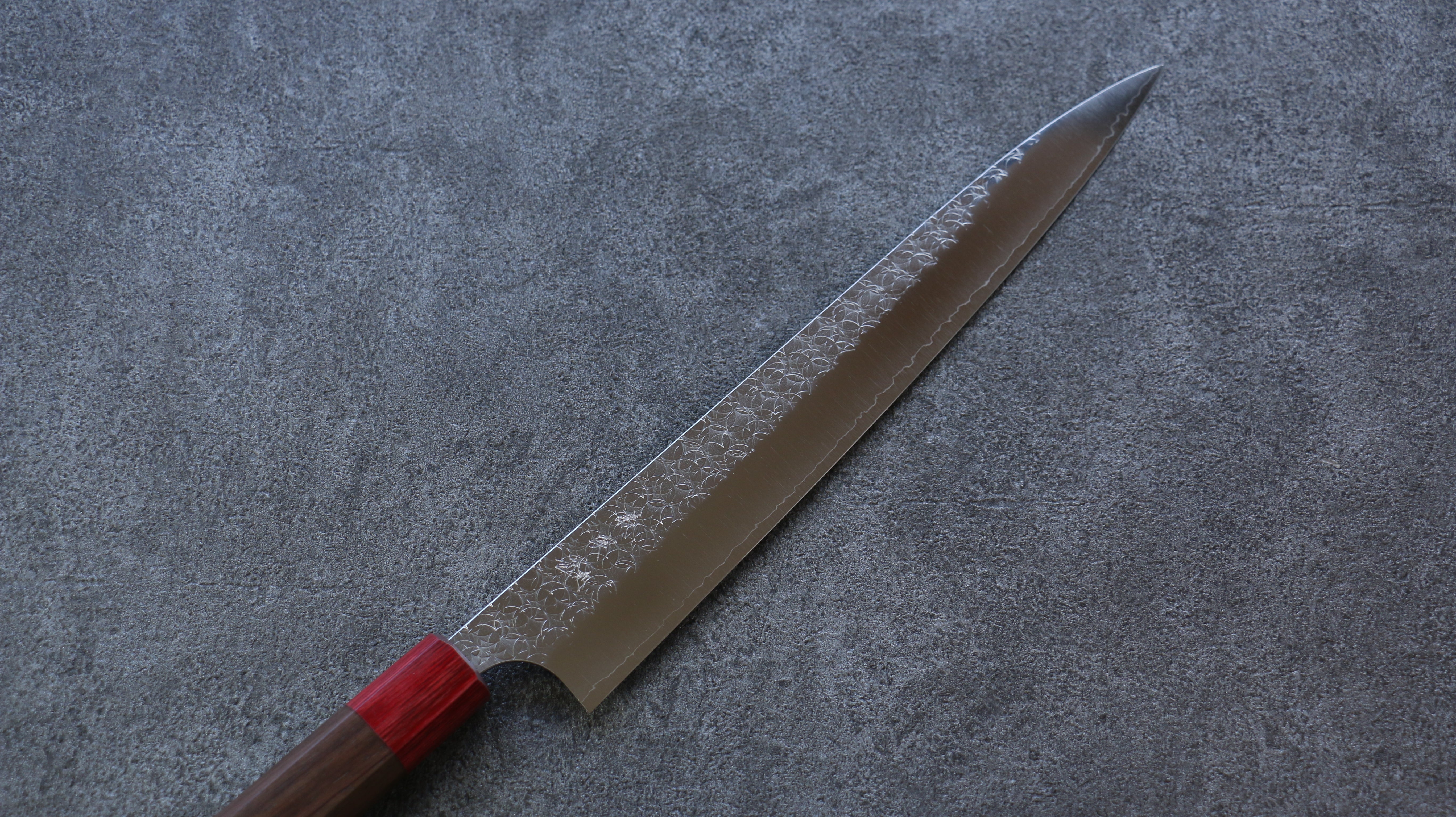 Yoshimi Kato Minamo SG2 Hammered Sujihiki 270mm with Shitan & Red Pakka wood Handle - Seisuke Knife