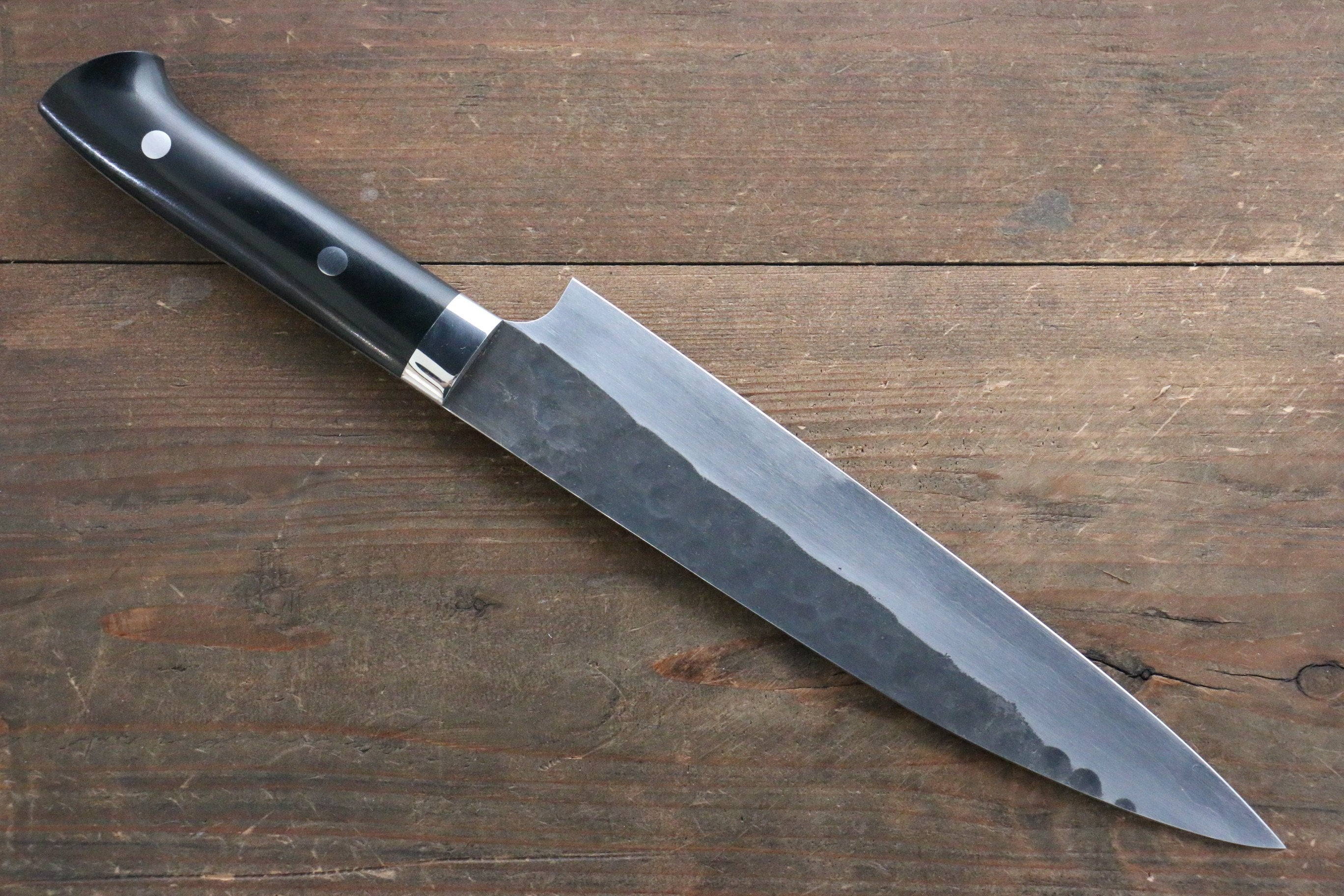 Shungo Ogata Blue Super Hammered Black Finished Gyuto 210mm Black Micarta Handle - Seisuke Knife