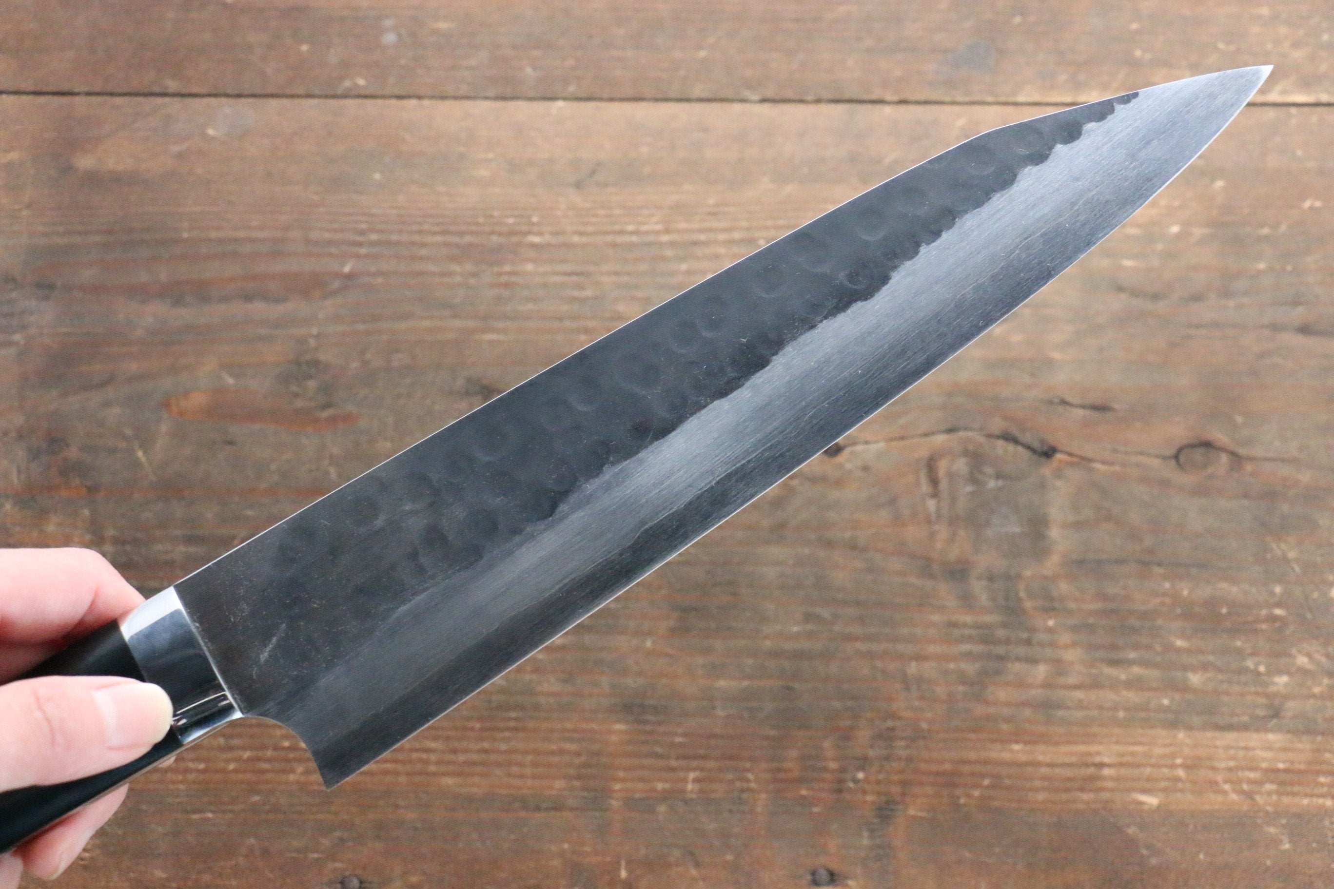Shungo Ogata Blue Super Hammered Black Finished Gyuto 240mm Black Micarta Handle - Seisuke Knife