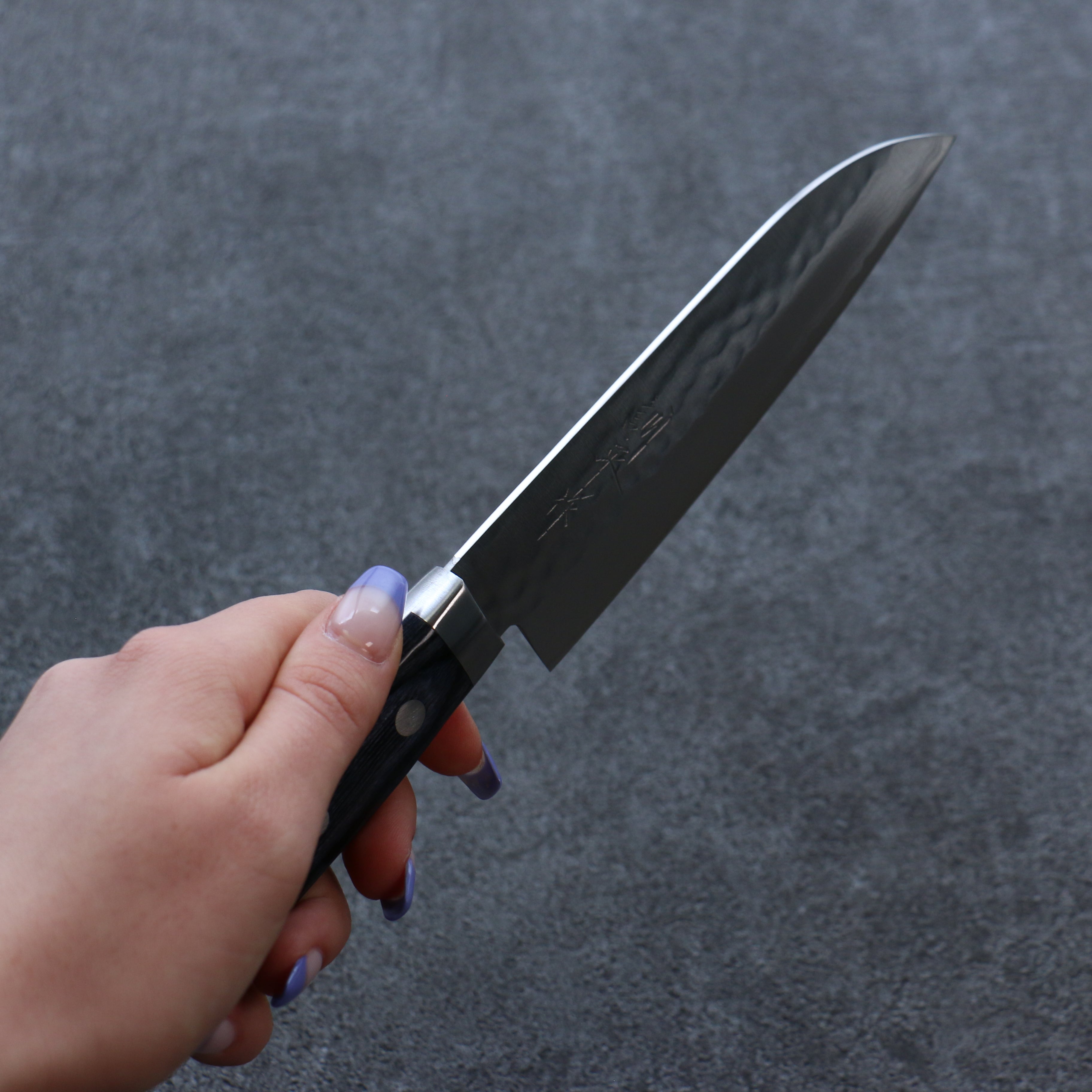 Kunihira Kokuryu VG10 Hammered Small Santoku 130mm Blue Pakka wood Handle - Seisuke Knife