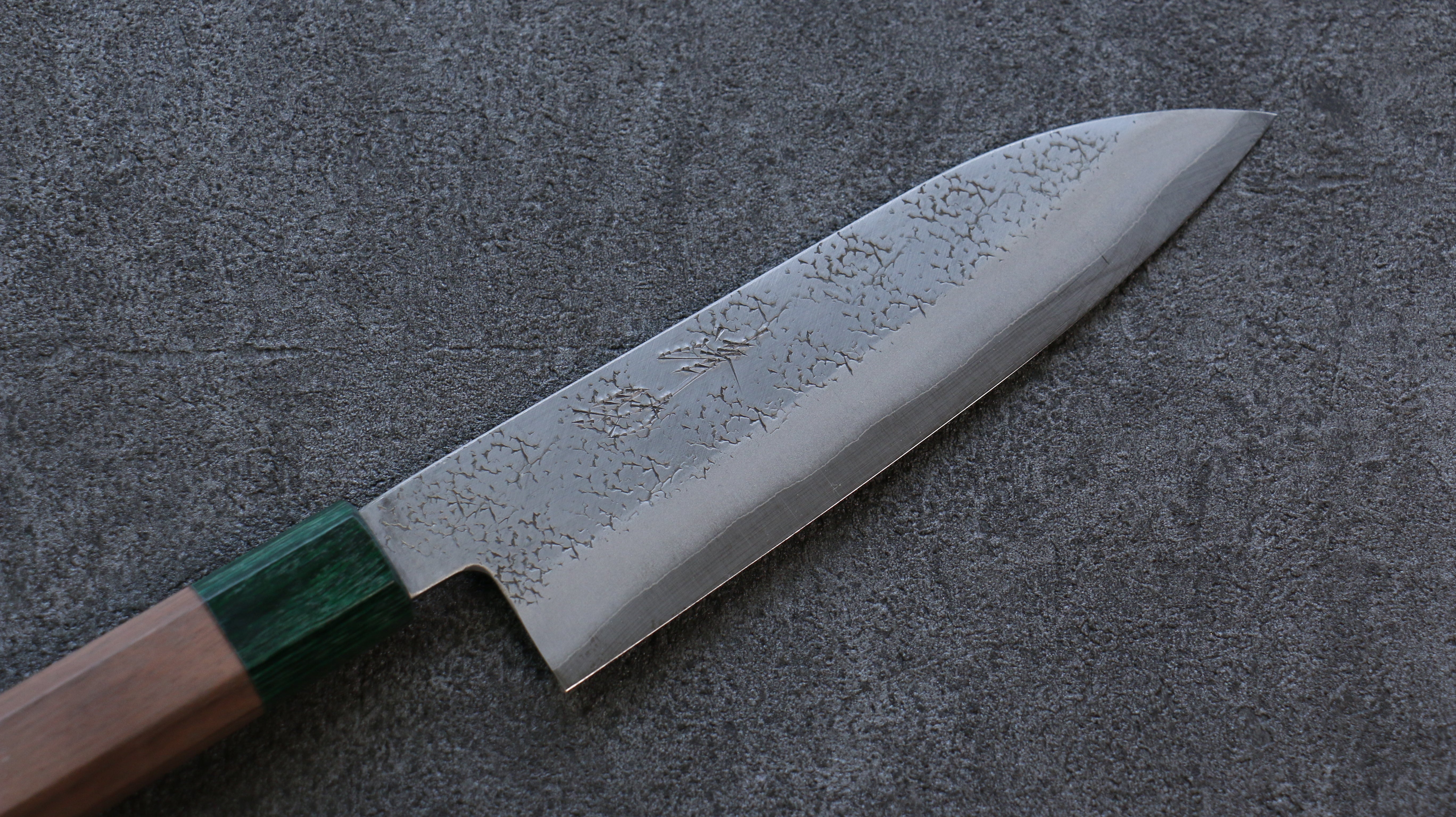 Seisuke Blue Super Hammered Santoku 165mm Walnut (With Double Green Pakka wood) Handle - Seisuke Knife