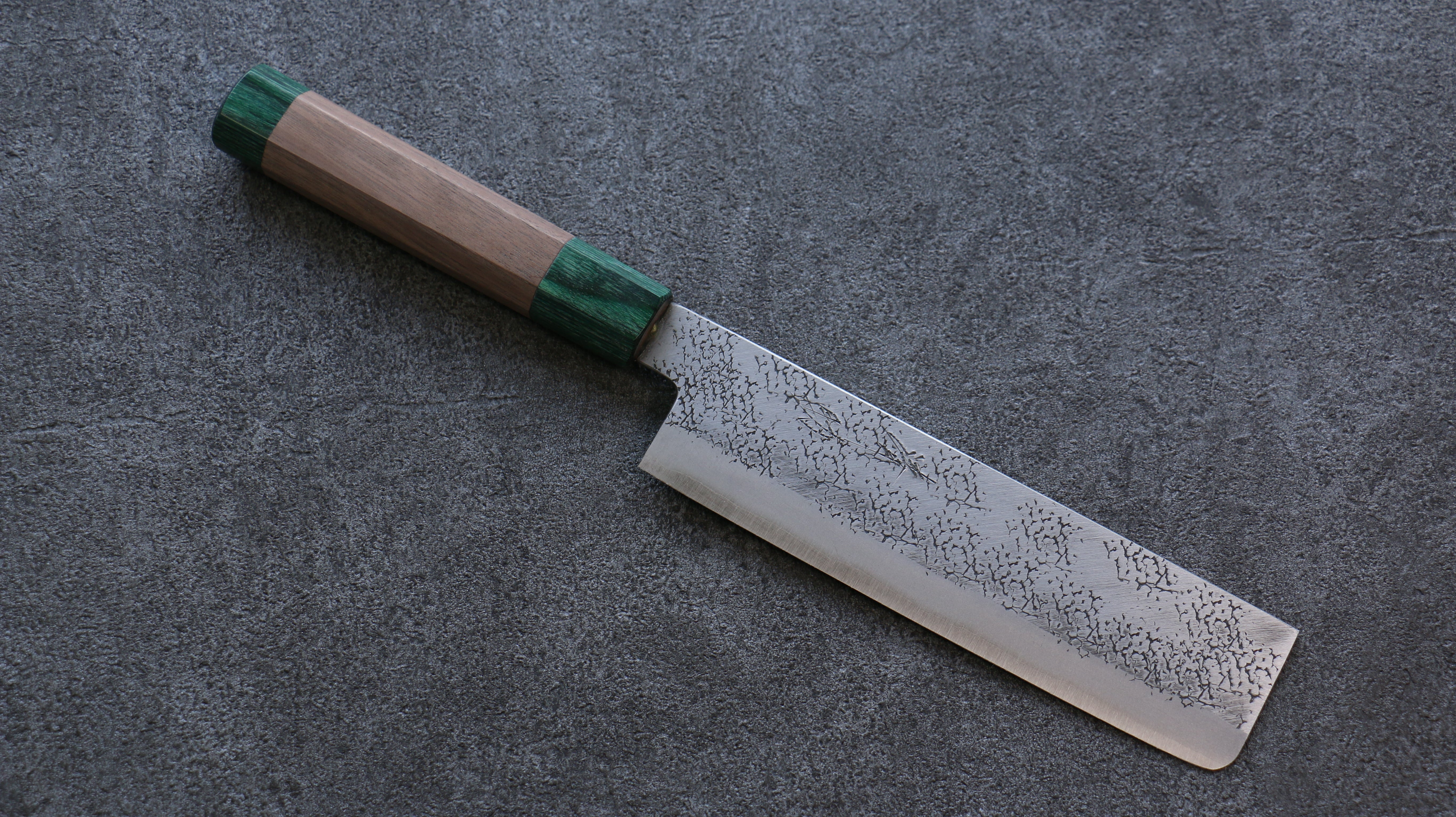 Seisuke Blue Super Hammered Nakiri 165mm Walnut (With Double Green Pakka wood) Handle - Seisuke Knife