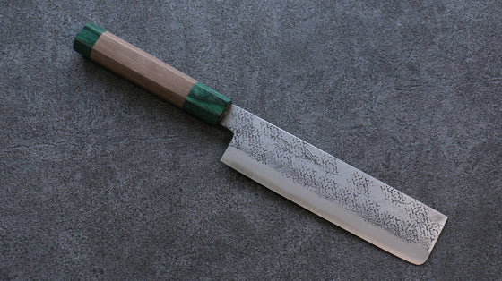 Seisuke Blue Super Hammered Nakiri 165mm Walnut (With Double Green Pakka wood) Handle - Seisuke Knife
